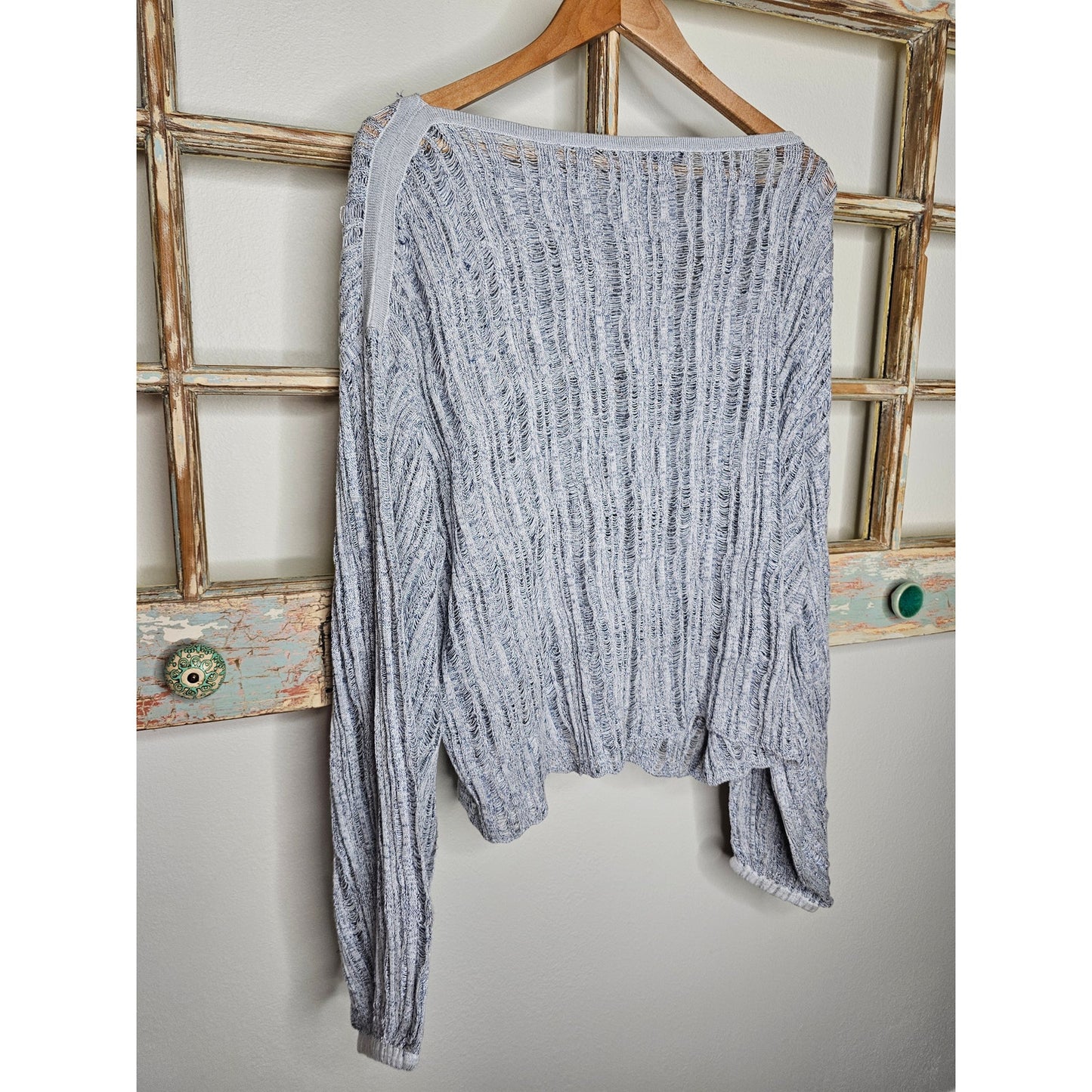 Splendid Open Knit Boatneck Balloon Sleeve blue/white Top Size XL