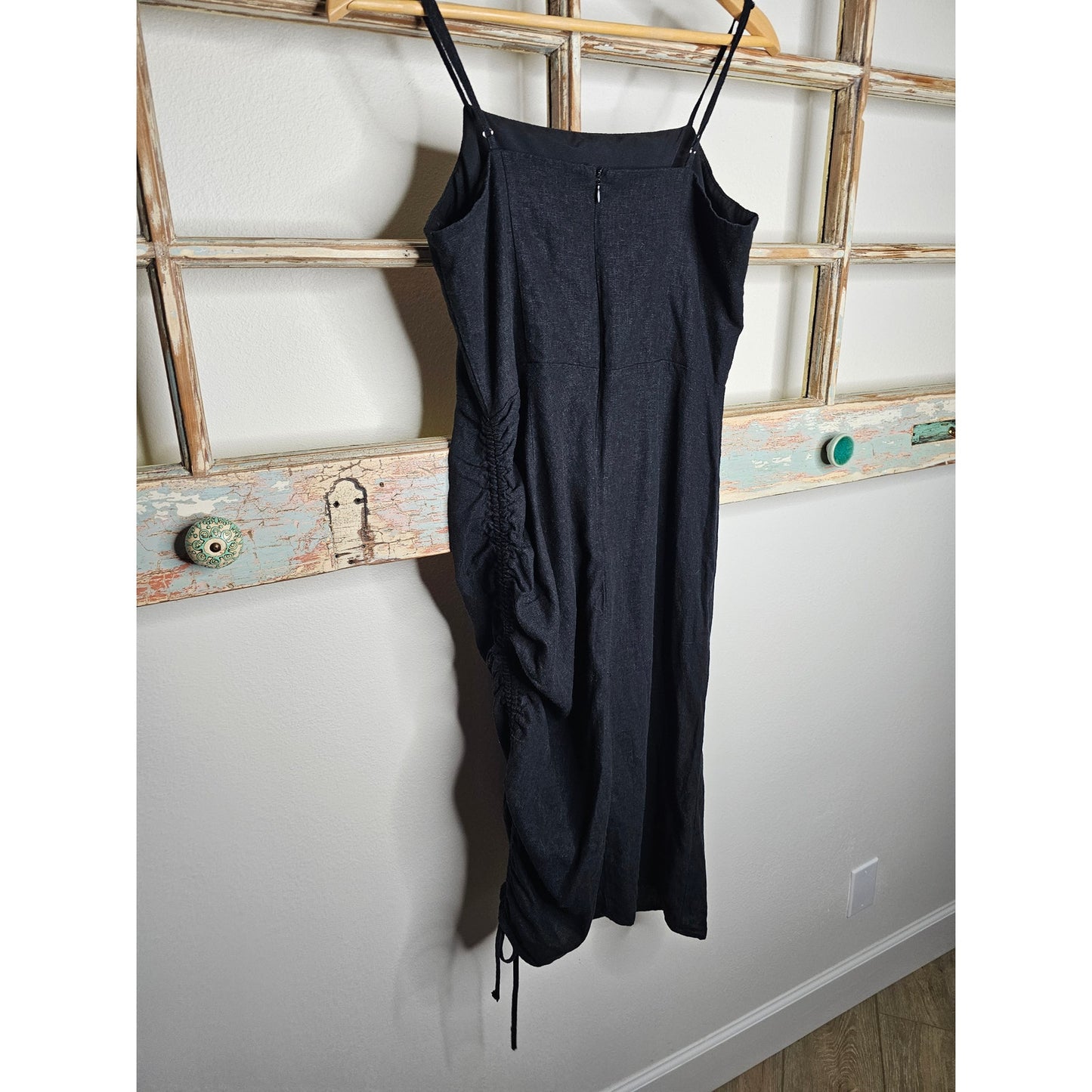 Linen Black Midi Dress with Spaghetti Straps and cinch Ladies size Large