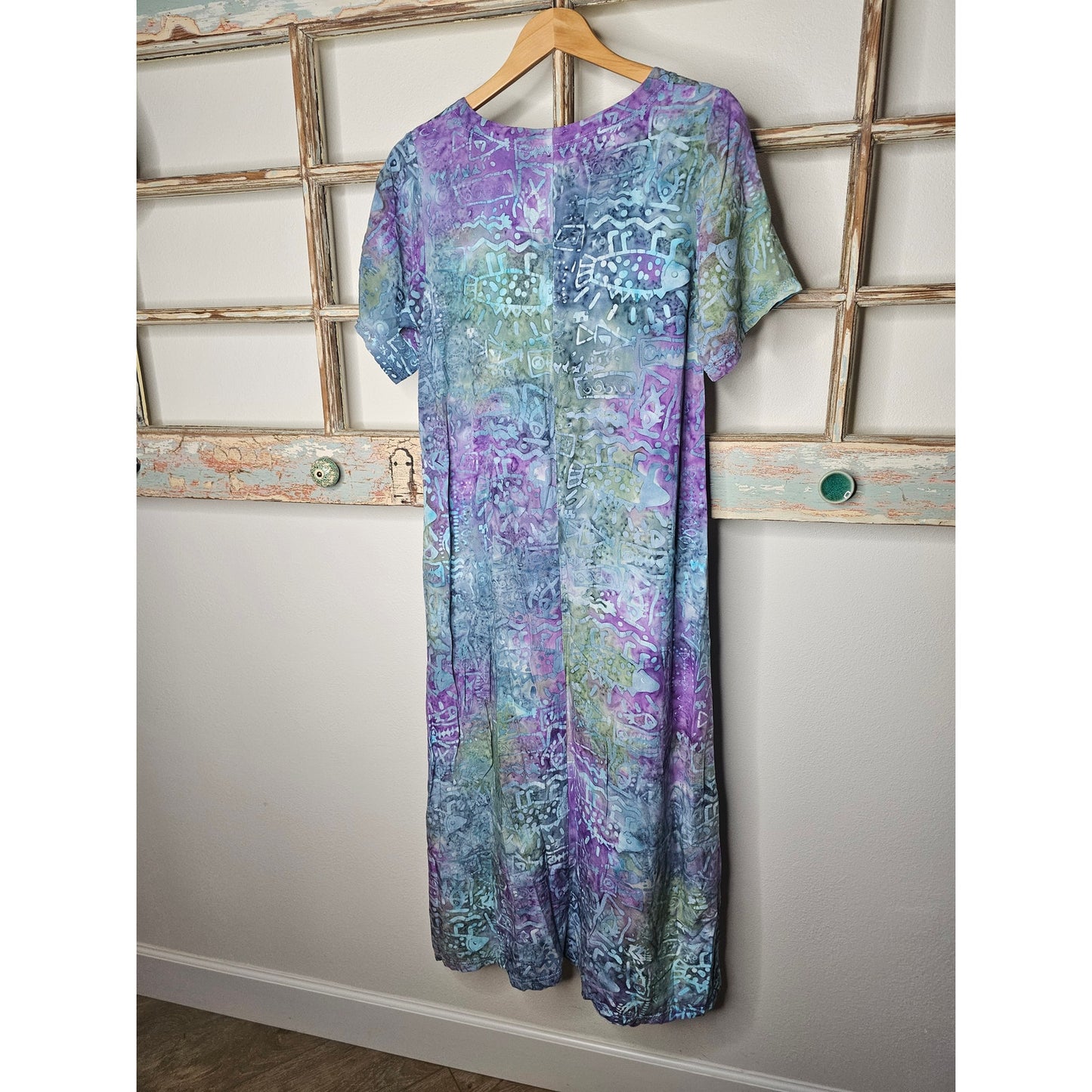 Vintage Batik Midi Dress Purples & Blues Patches Ladies size Medium