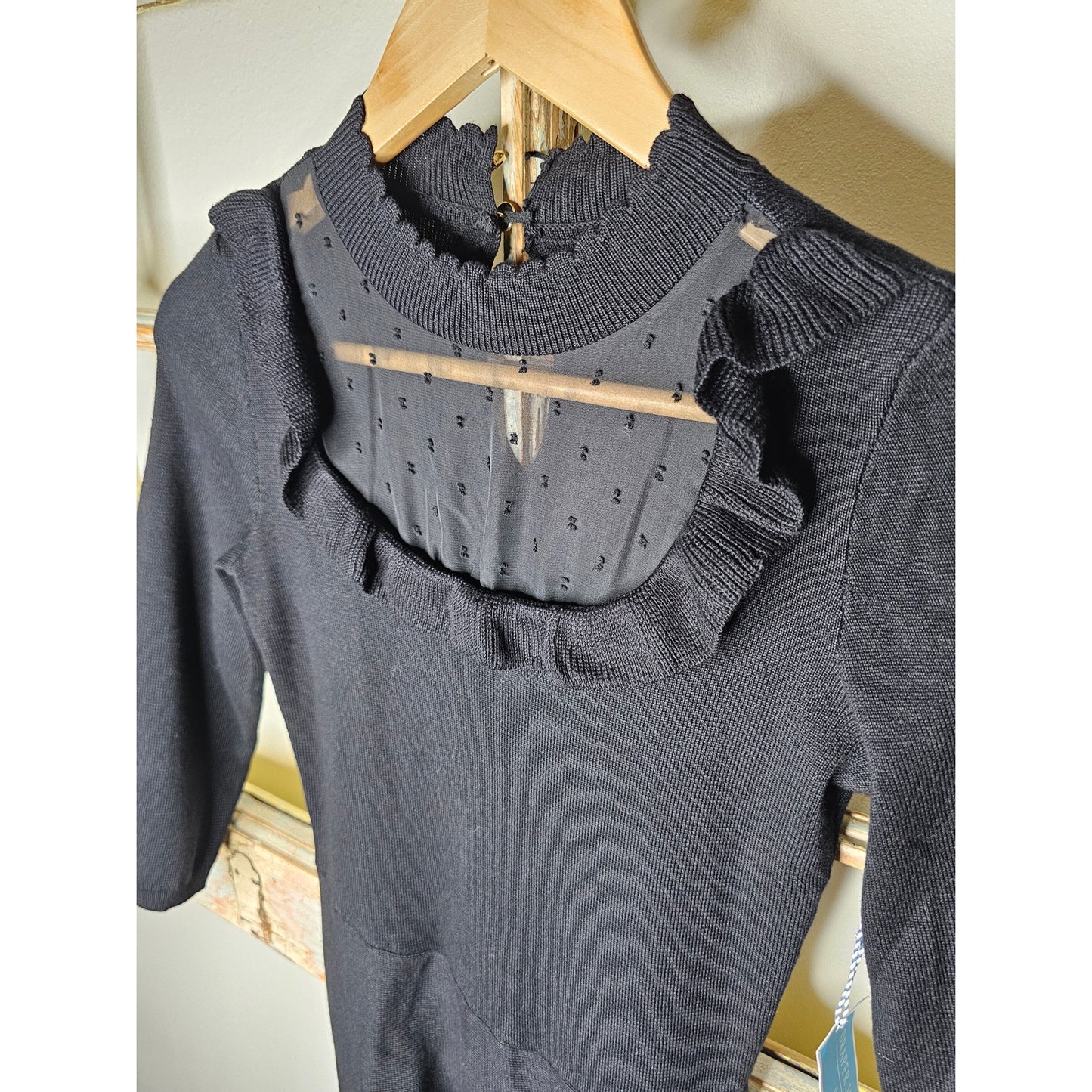 NWT Draper James Black Dress w/ Ruffle Bib neckline & polka dot lace size XS