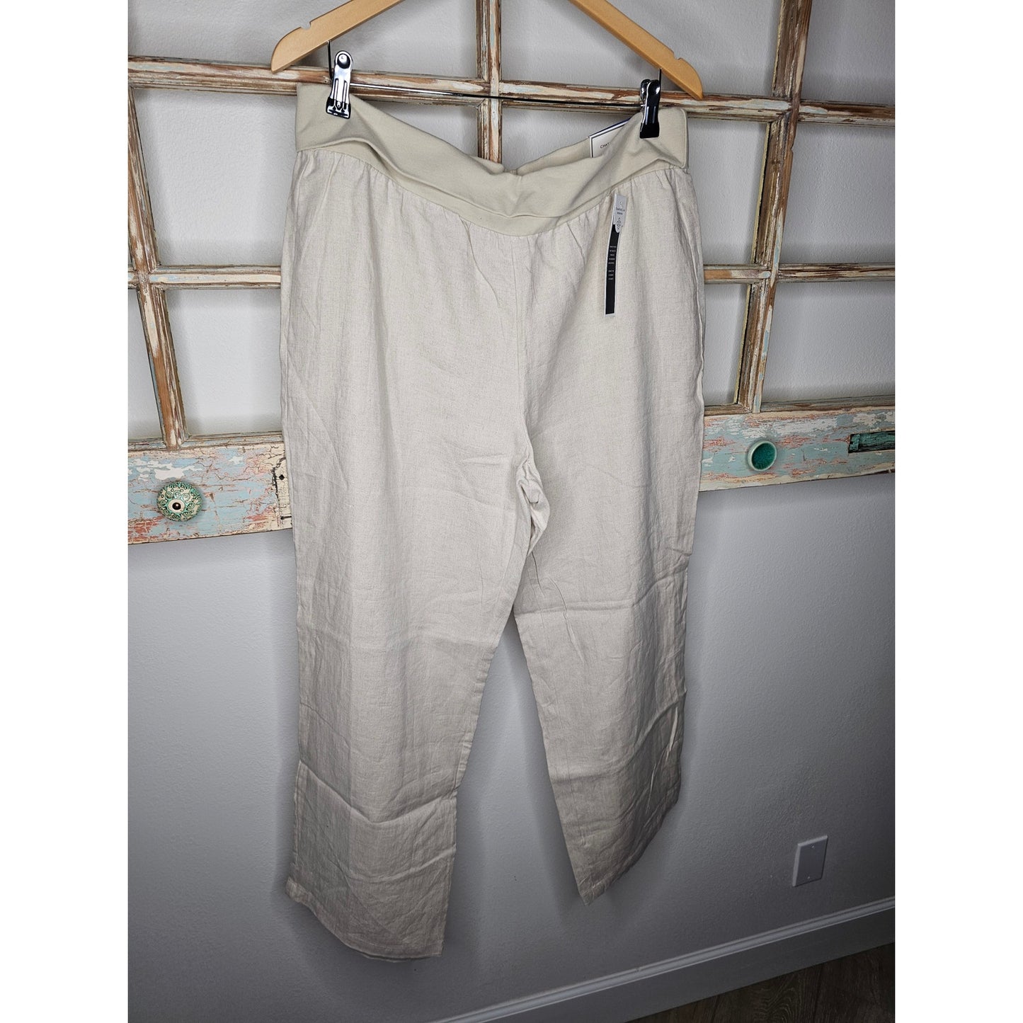 NWT Linen Straight Leg Pants in Flax with Elastic roll down waist Ladies size XL