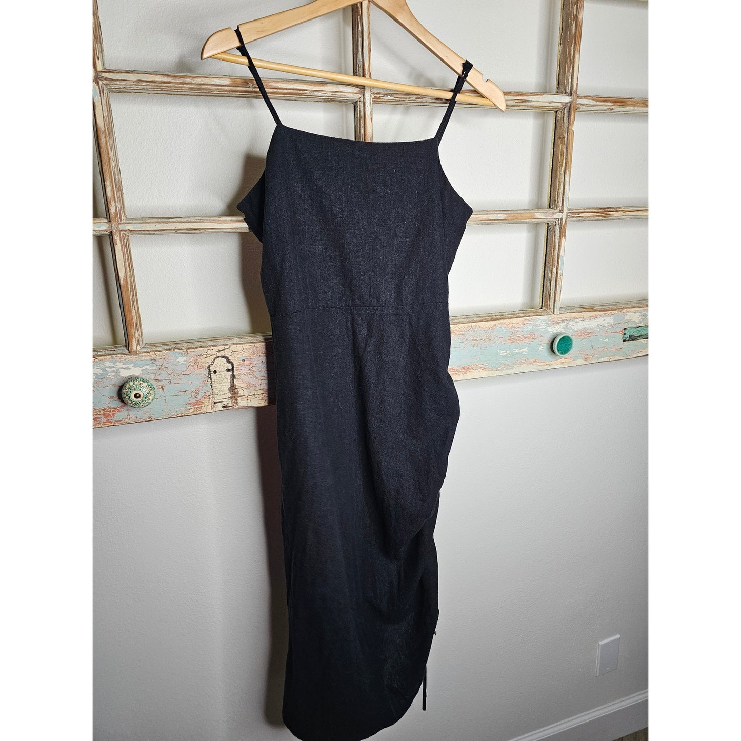 Linen Black Midi Dress with Spaghetti Straps and cinch Ladies size Large