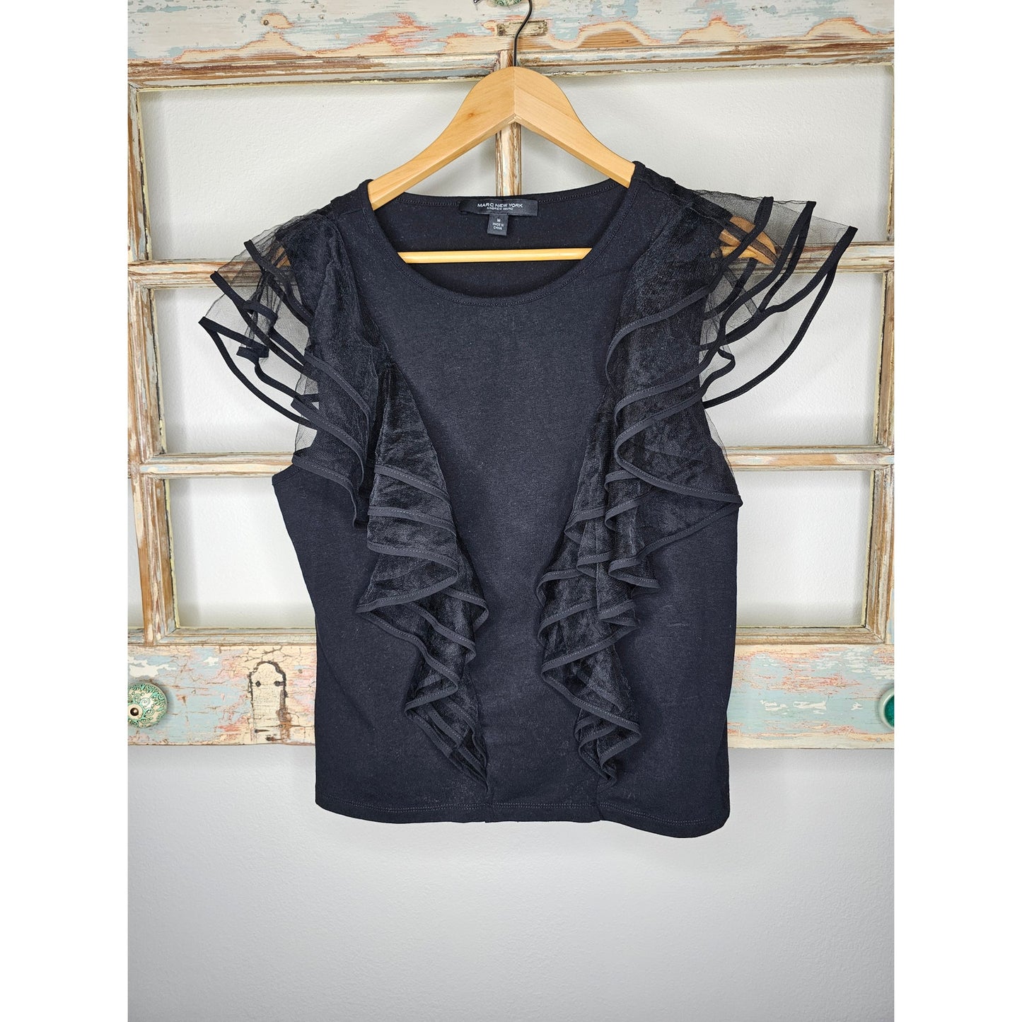 Marc New York Black Sleeveless Top w/ Sheer Ruffled Shoulders Ladies size Medium
