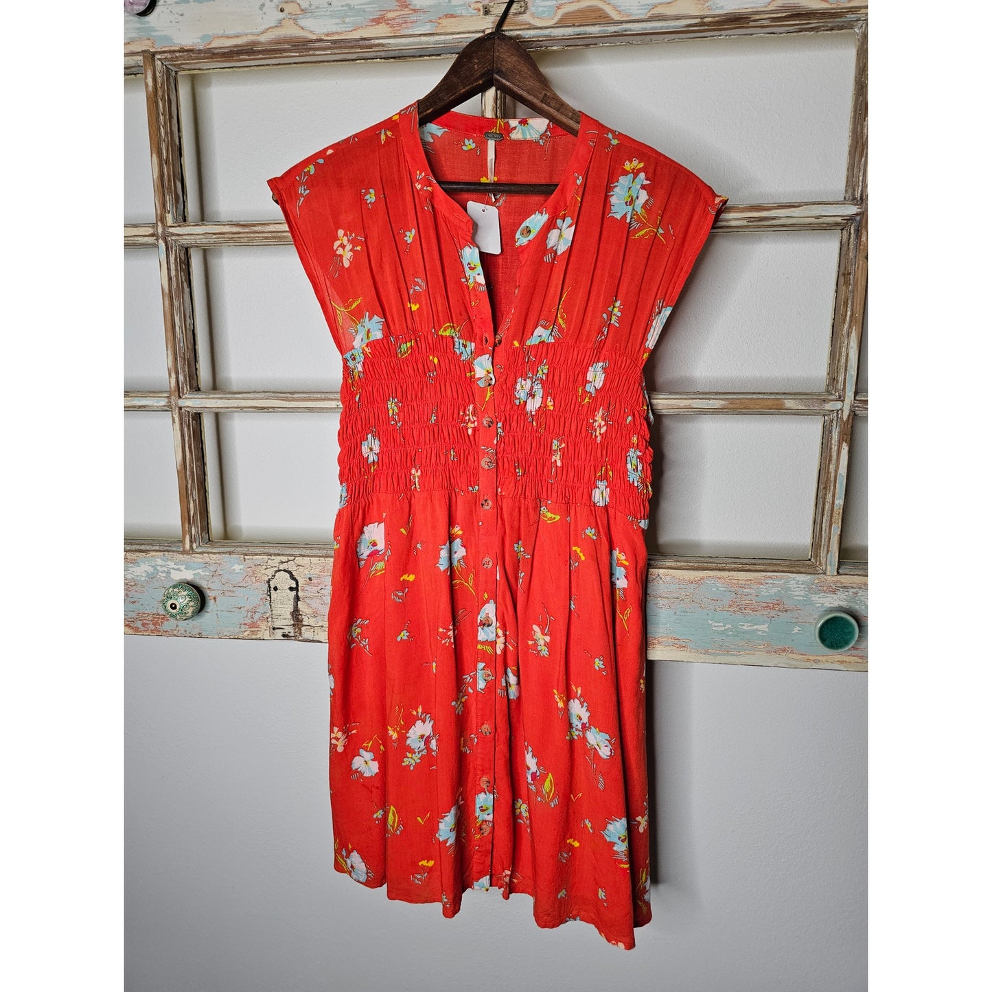 Free People Red Floral Sleeveless Lined Mini Dress With Smocking Size XS