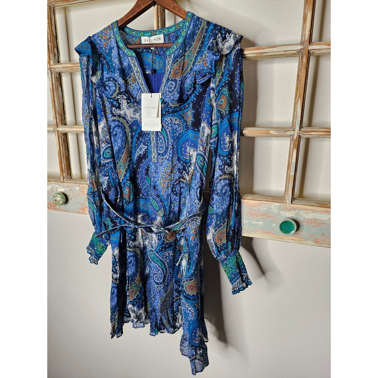 NWT Hale Bob Paisley Blue lightweight Dress Sheer long Sleeves ladies size XS