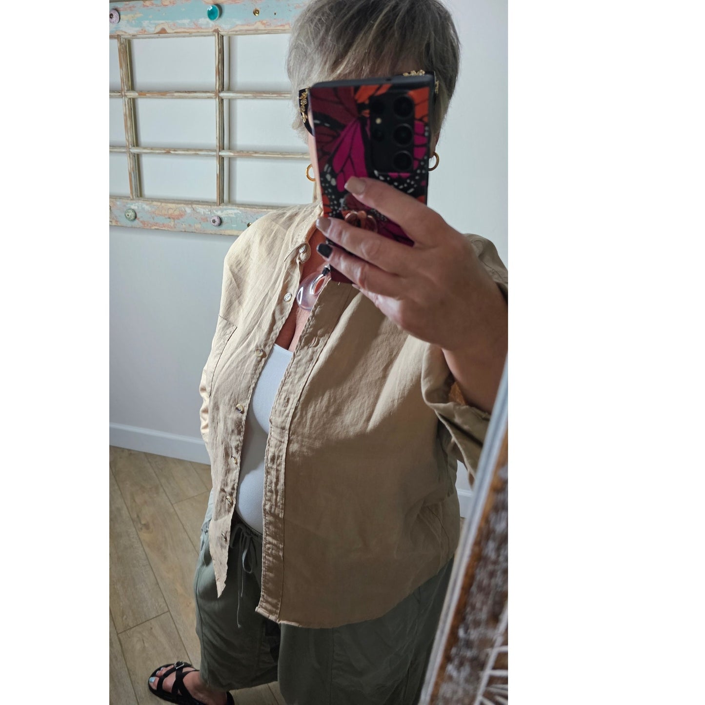 Linen Khaki Button Up Shirt By Rafaelle Ladies Size 16