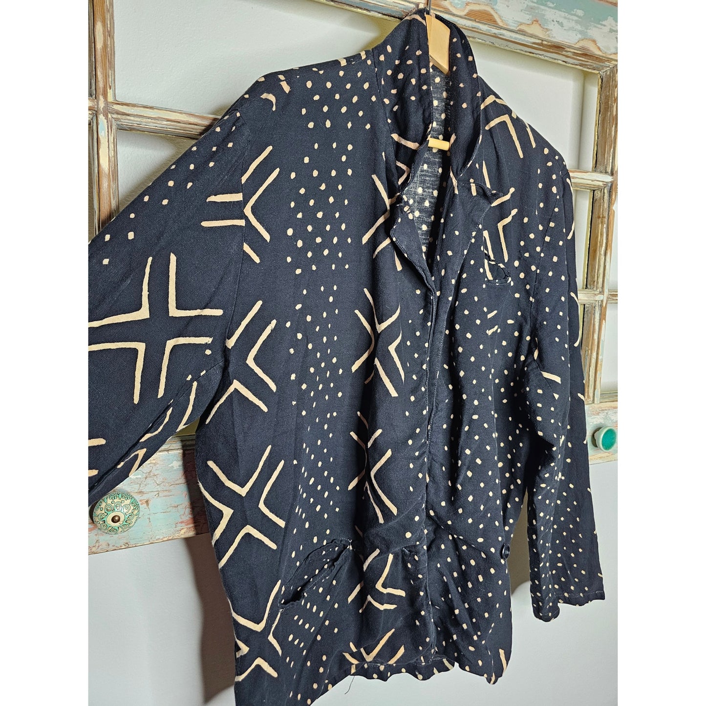 Boho Black/ Tan Open lightweight Geometric Pattern Blazer Size Large