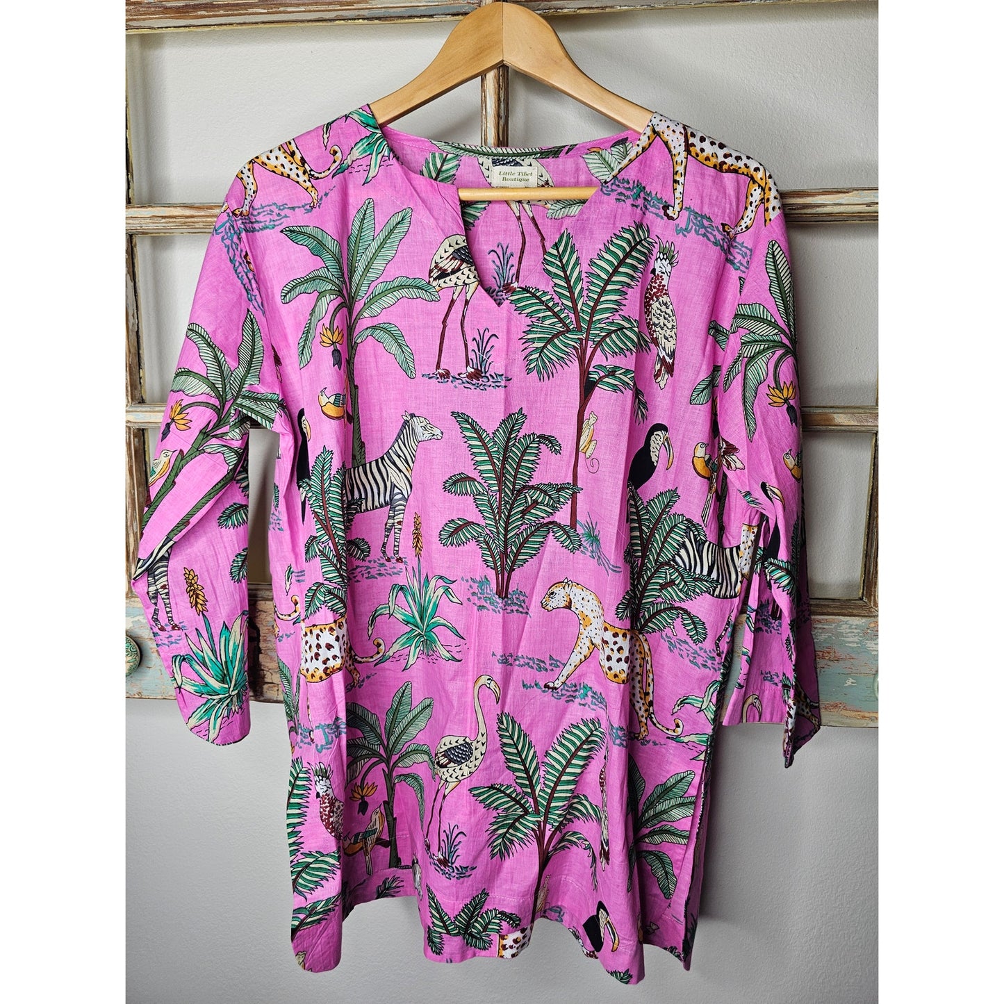 Pink Jungle Print Pullover Tunic Ladies Size Medium by Little Tibet Boutique