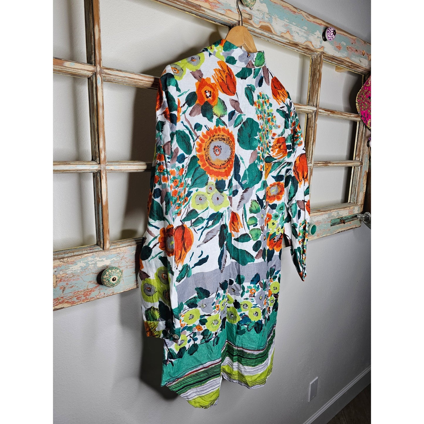 Linen Peck & Peck Fall Floral Tunic Long Sleeve Button Up Ladies size Small