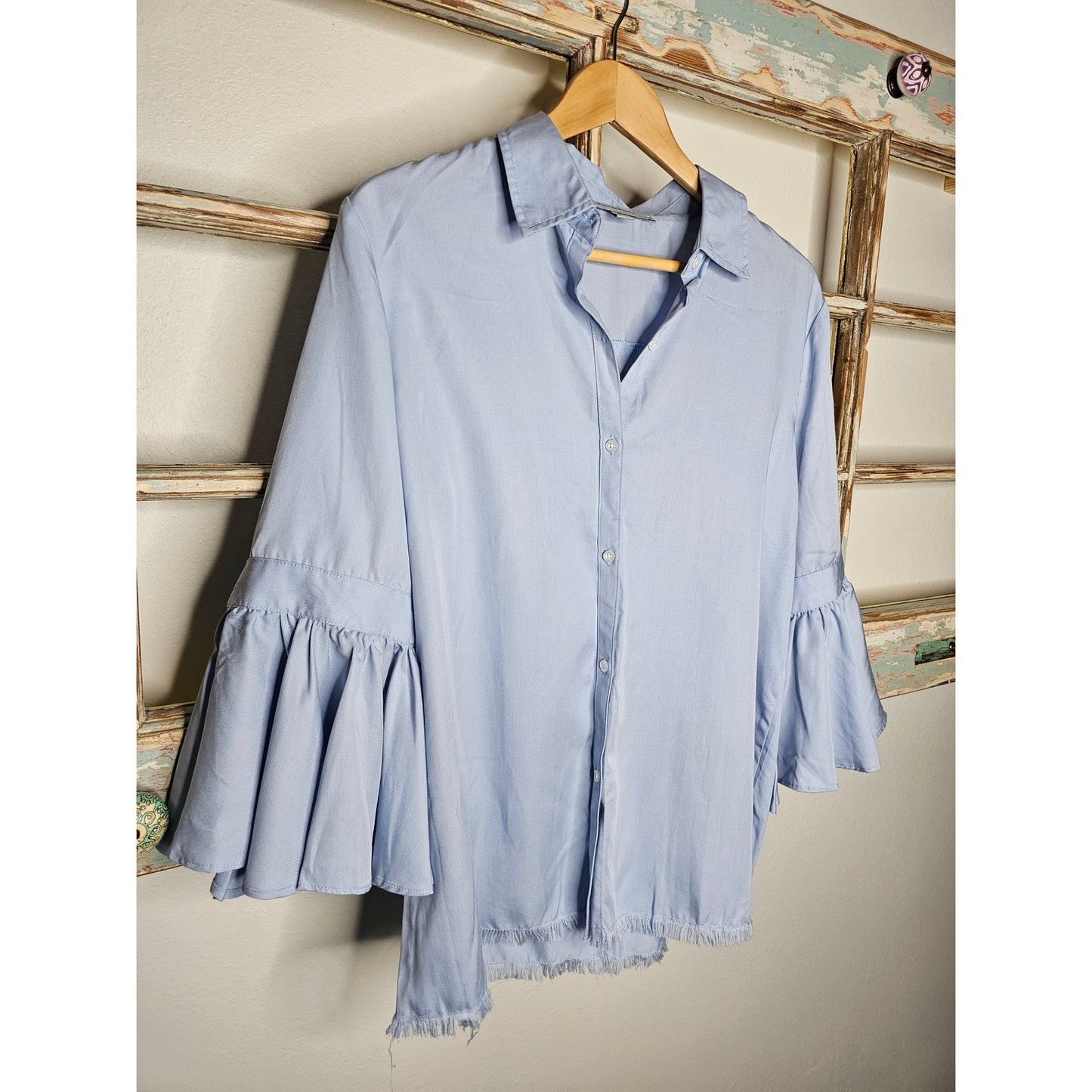 Marc New York Collared Button Up Blue Top 3/4 Bell Sleeves Size Medium