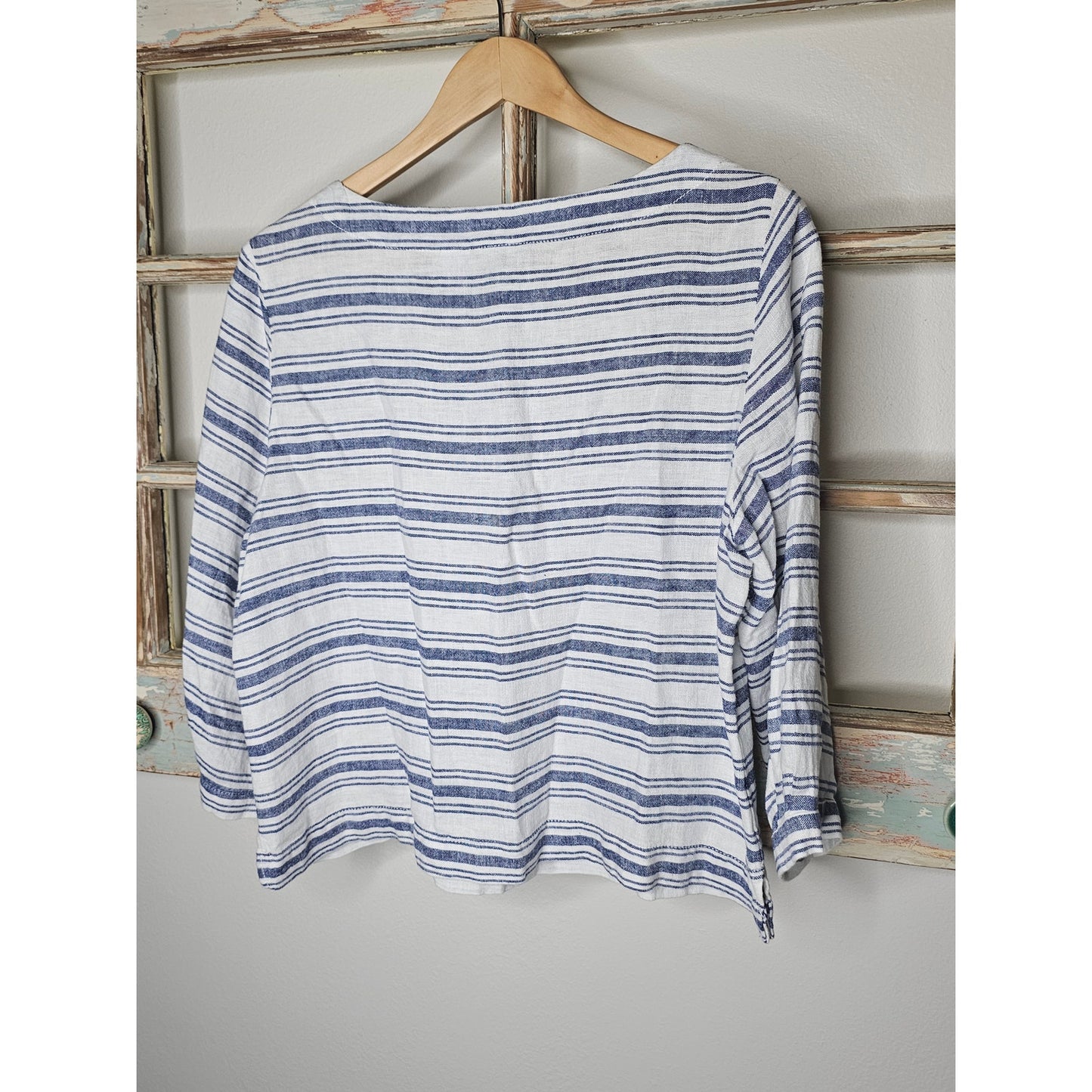Linen Striped Sigrid Olsen 3/4 Sleeves Boatneck Top Size Medium
