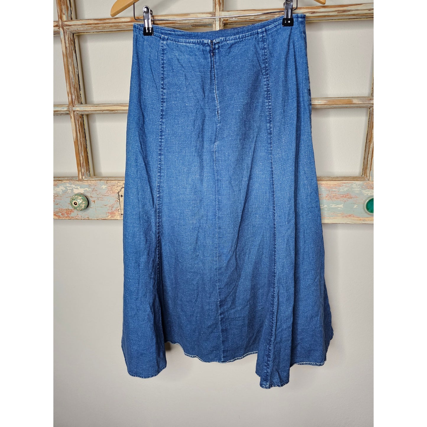 Vintage Blue Denim Prairie Skirt with Crochet Accents Ladies size 6