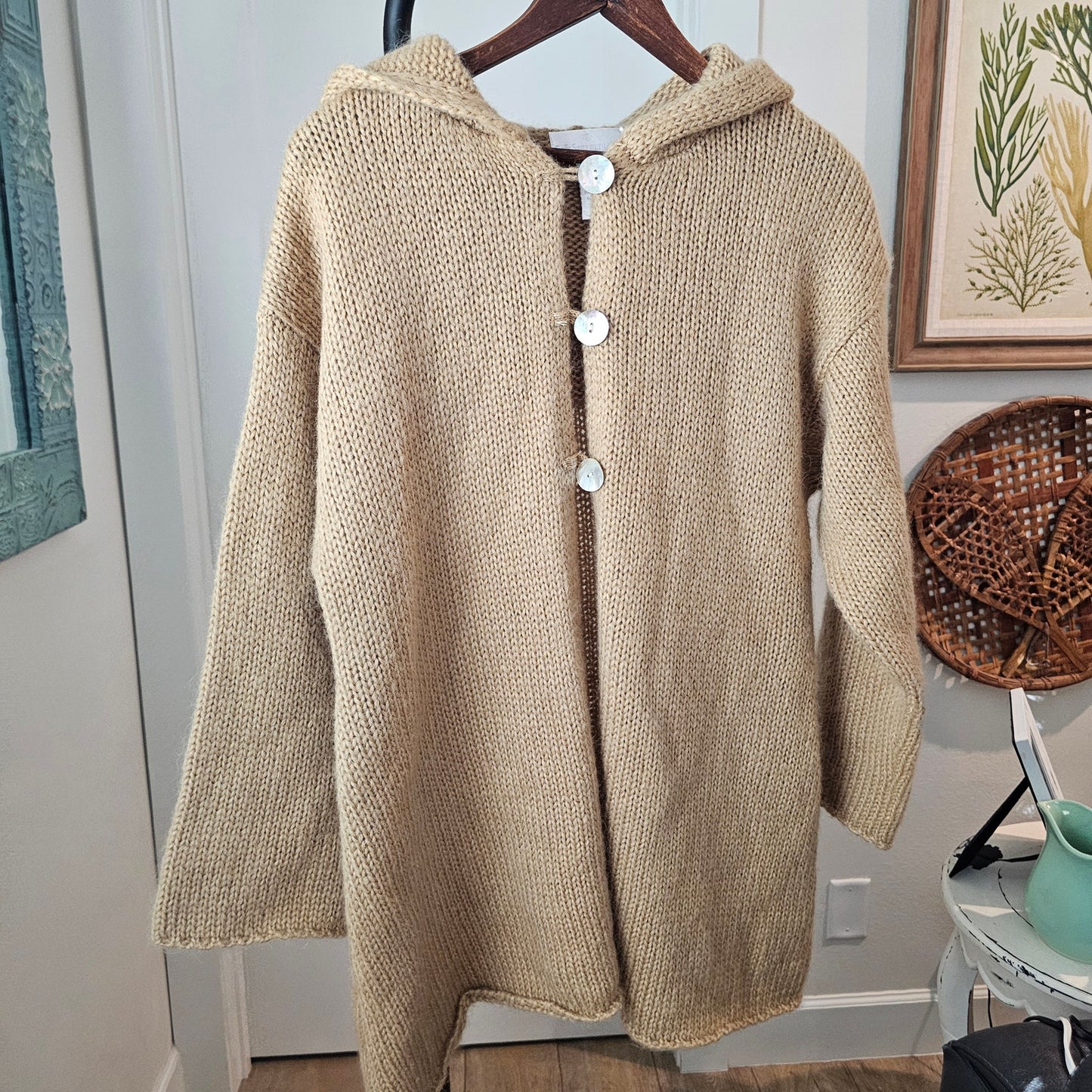 Soft Surroundings Tan Mohair 3 Button Cardigan With Hood Ladies size Small