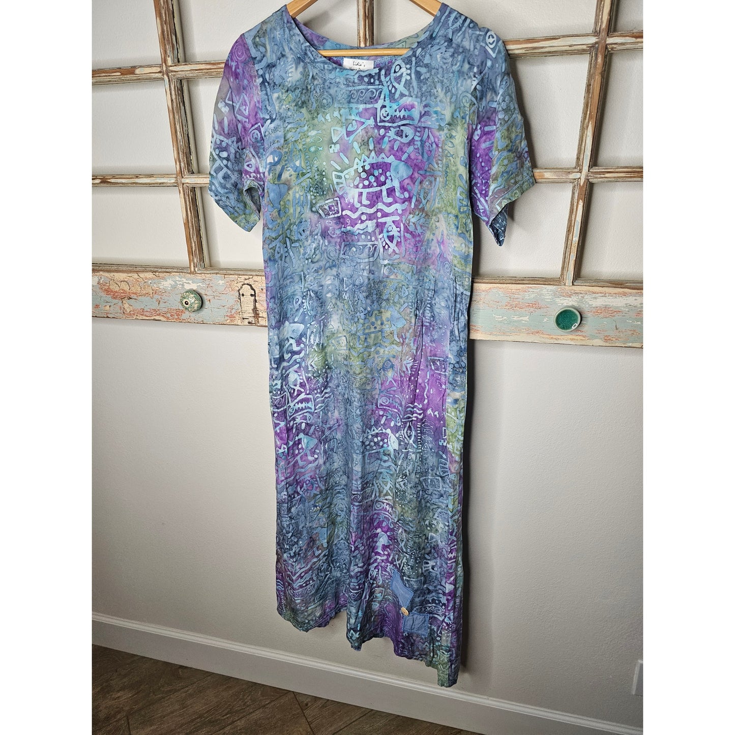 Vintage Batik Midi Dress Purples & Blues Patches Ladies size Medium