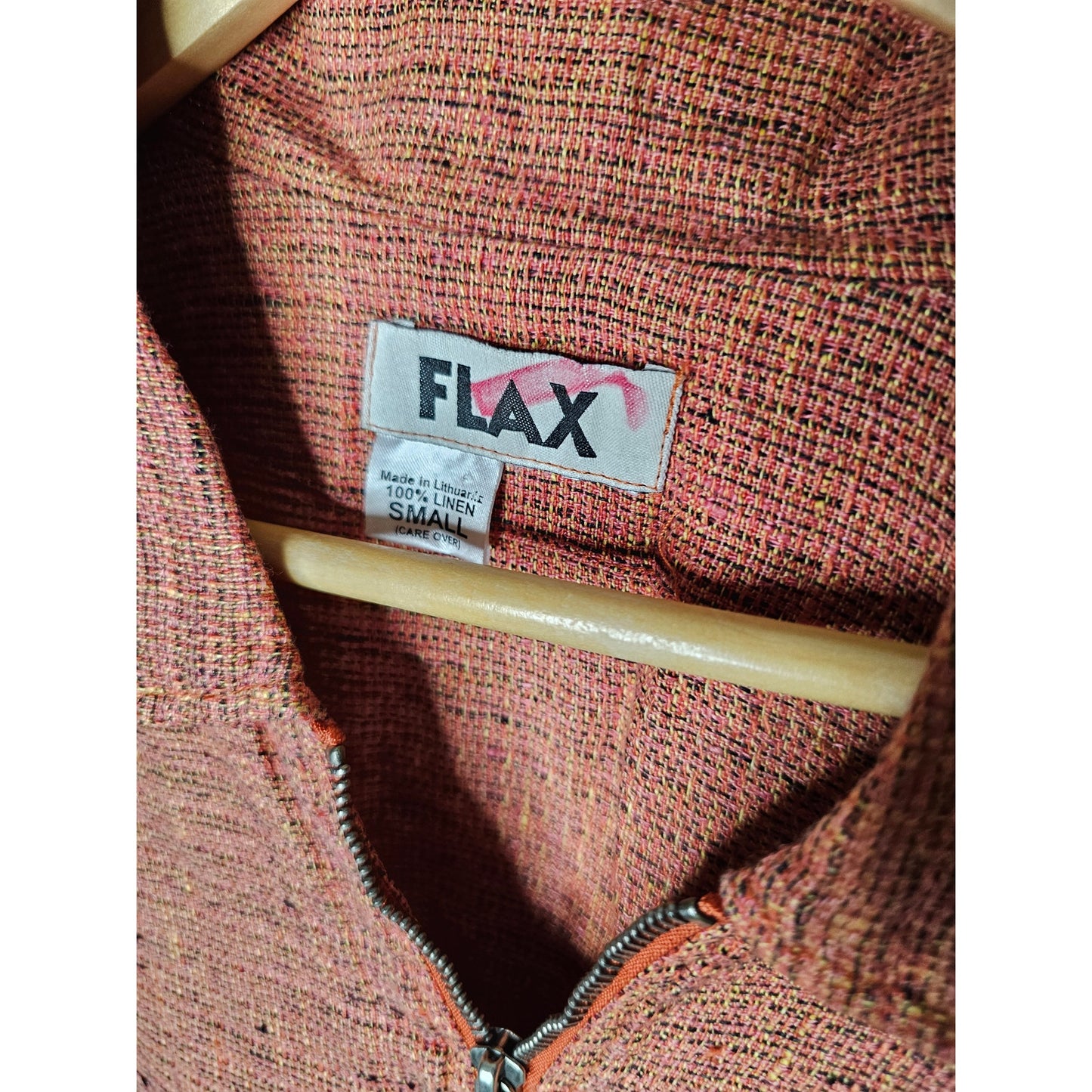 Flax Linen Zip Up Collared Jacket with Front pockets in Coral Tweed Size Small