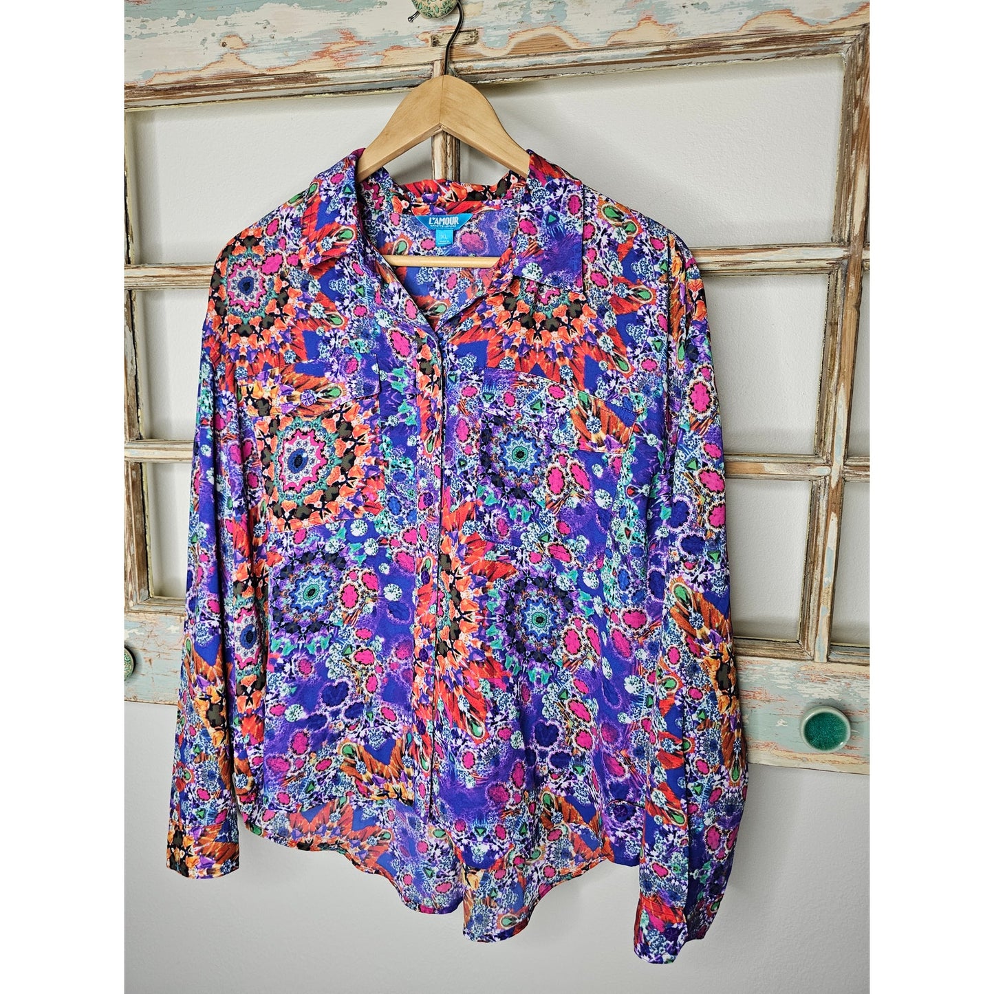 L'Amour Nanette Lepore Vibrant Abstract Button Up Blouse Size XL