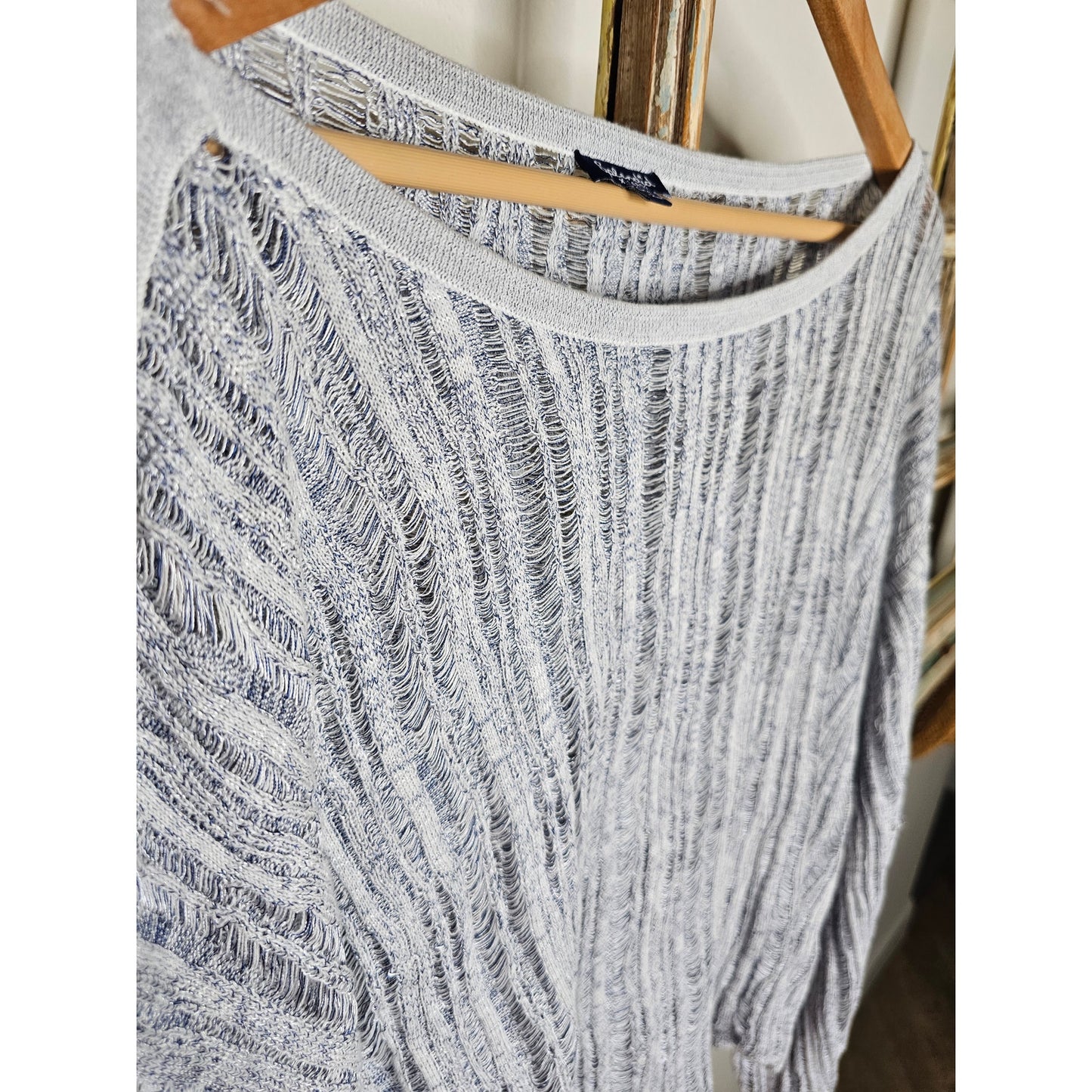 Splendid Open Knit Boatneck Balloon Sleeve blue/white Top Size XL