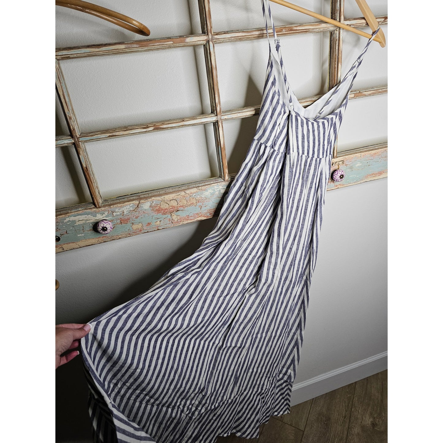 Linen Antibes Blanc Ladies Lined Striped Tiered Midi Dress Ladies Size 6
