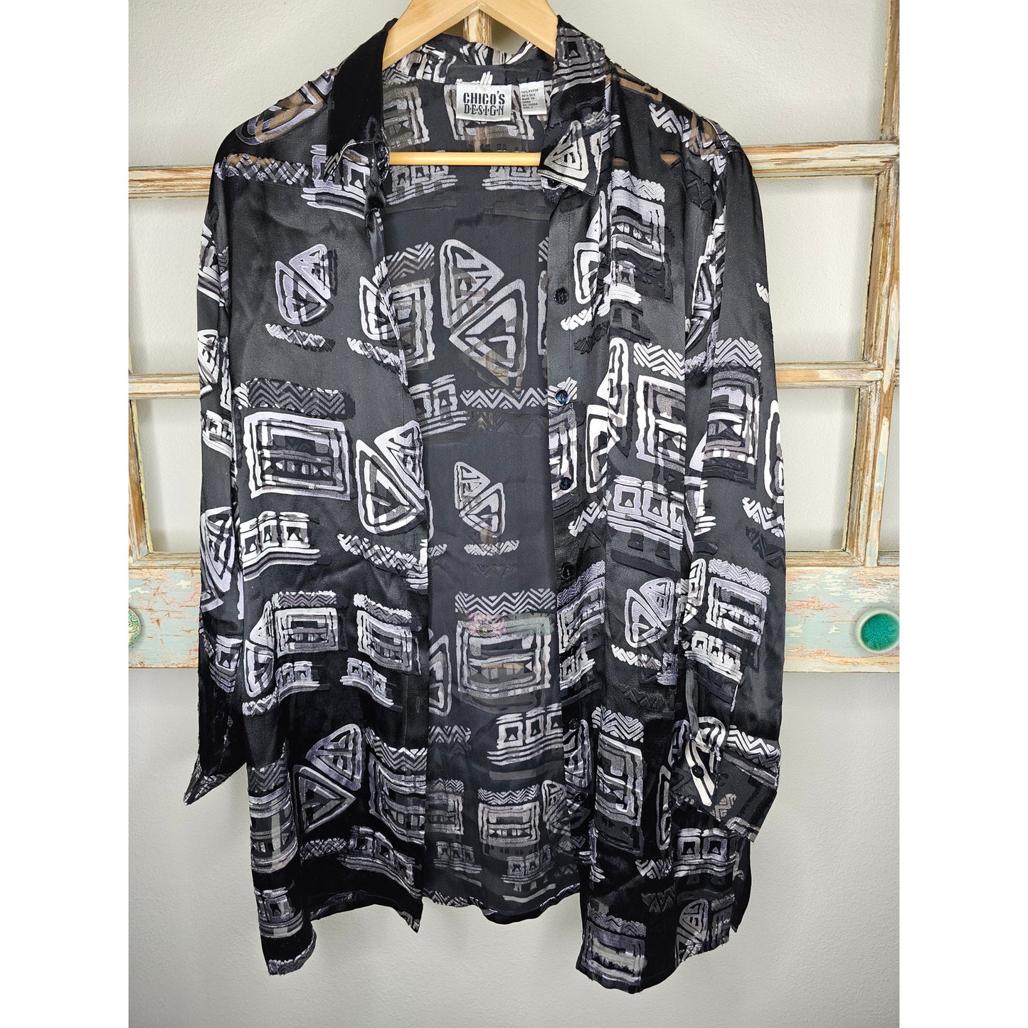 Vintage Chicos Design Silk Blend Asian Inspired Abstract Button Up size 1/ Small