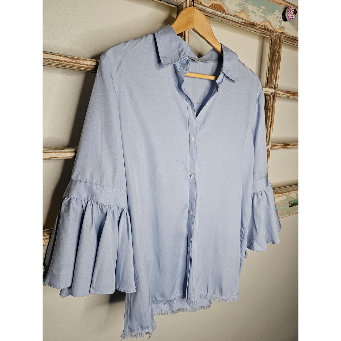 Marc New York Collared Button Up Blue Top 3/4 Bell Sleeves Size Medium
