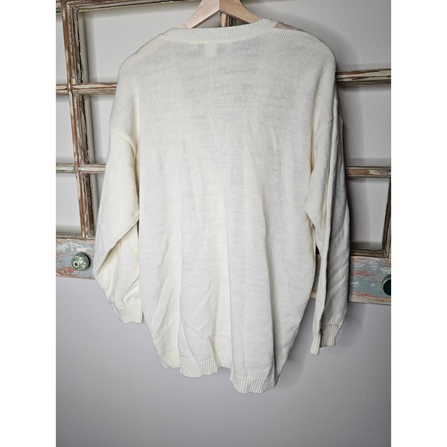 Vintage Button Up Cream Cardigan W/ Pastel Linear Design size Medium