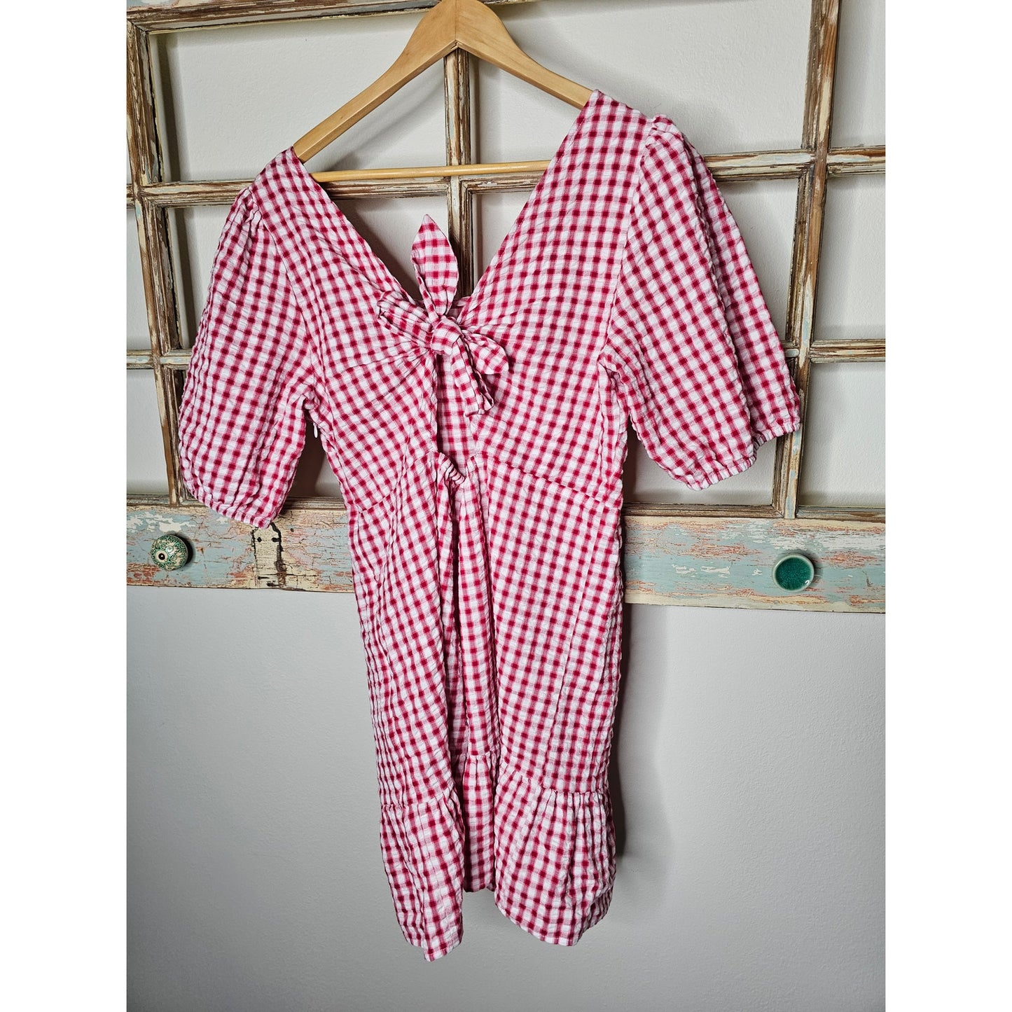 Gingham Red/White Tie Back Flounce Swing Dress Ladies size 12