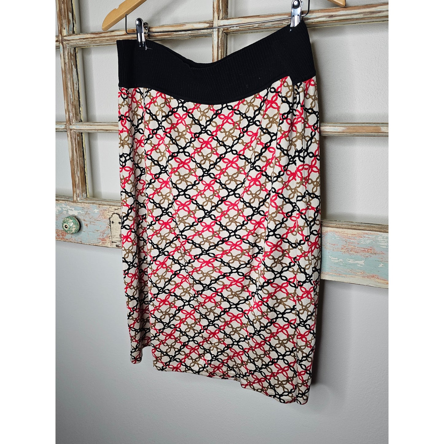 Escada Sport Red/Black/Tan Merino Wool Blend Silk Skirt size XL7[
