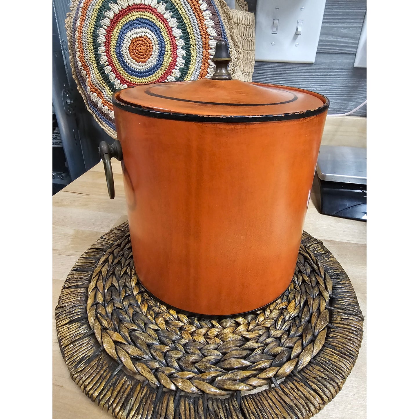 Vintage Cinnabar orange With black Wash/Trim Ice bucket Brass accents