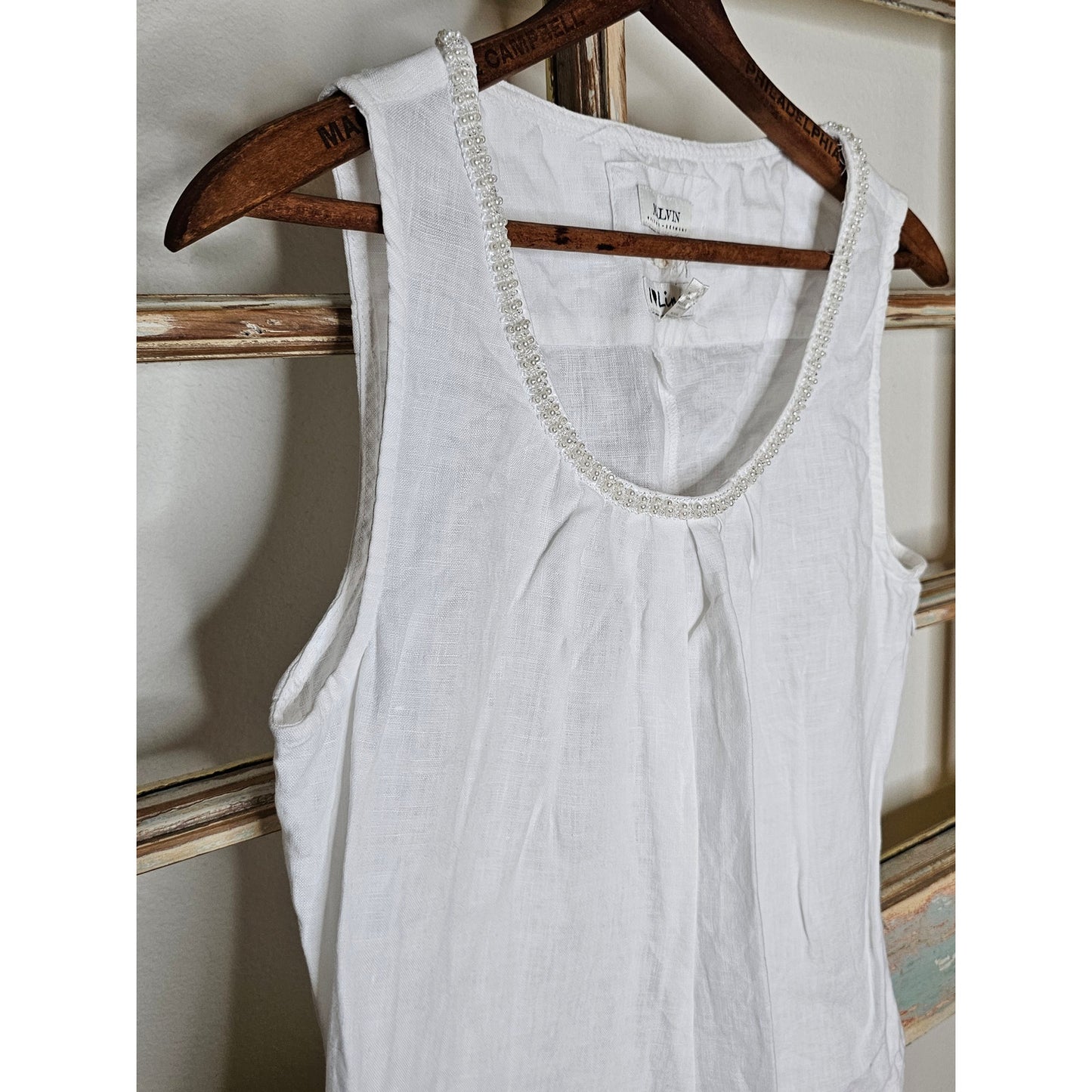 Linen Dress White Drop Waist Pearl Accents by Malvin Germany Ladies size Small