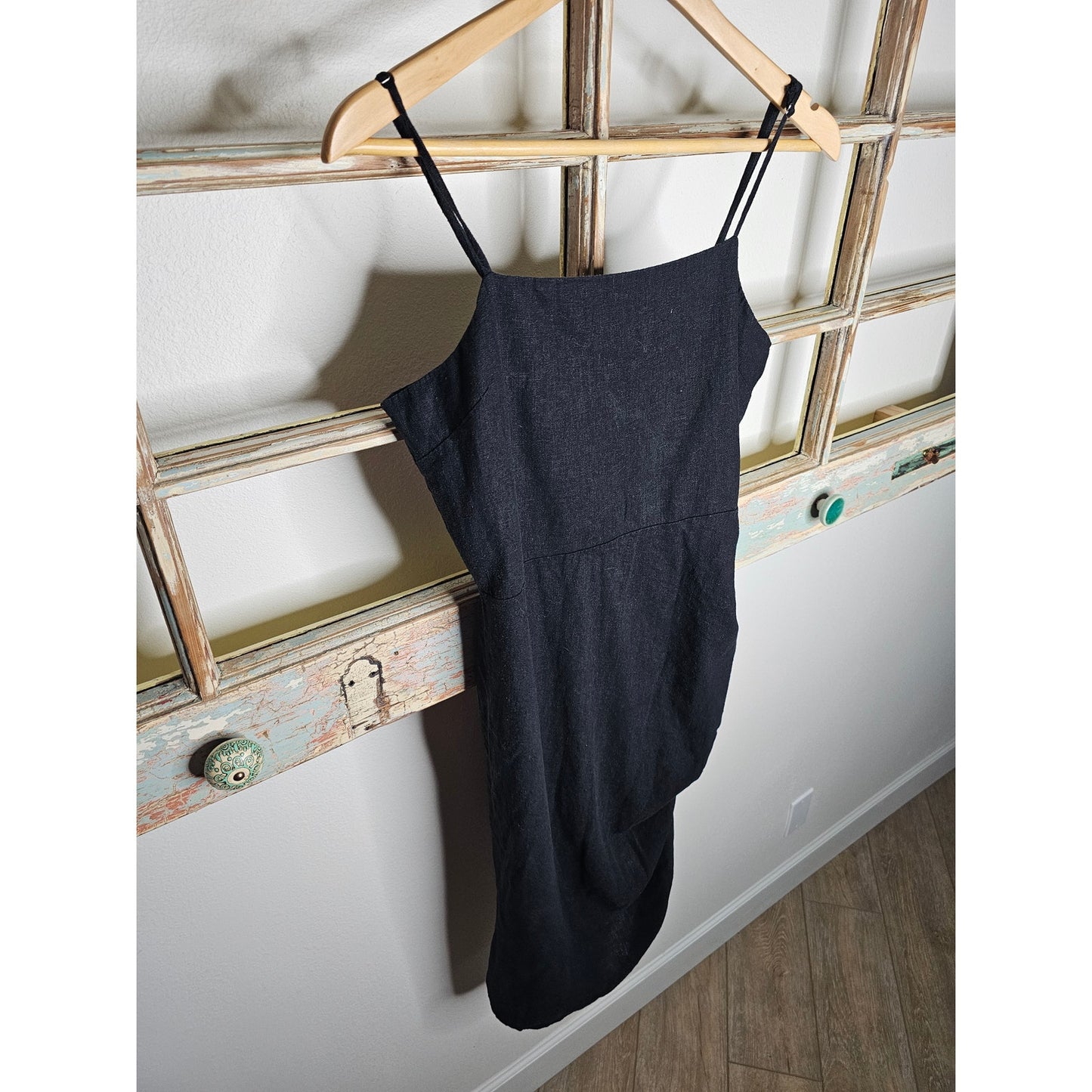Linen Black Midi Dress with Spaghetti Straps and cinch Ladies size Large