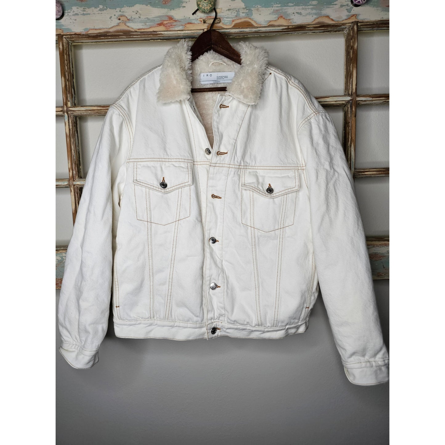 IRO Paris White Denim Franz Shearling lined Denim jacket Size FR 34 / US 2