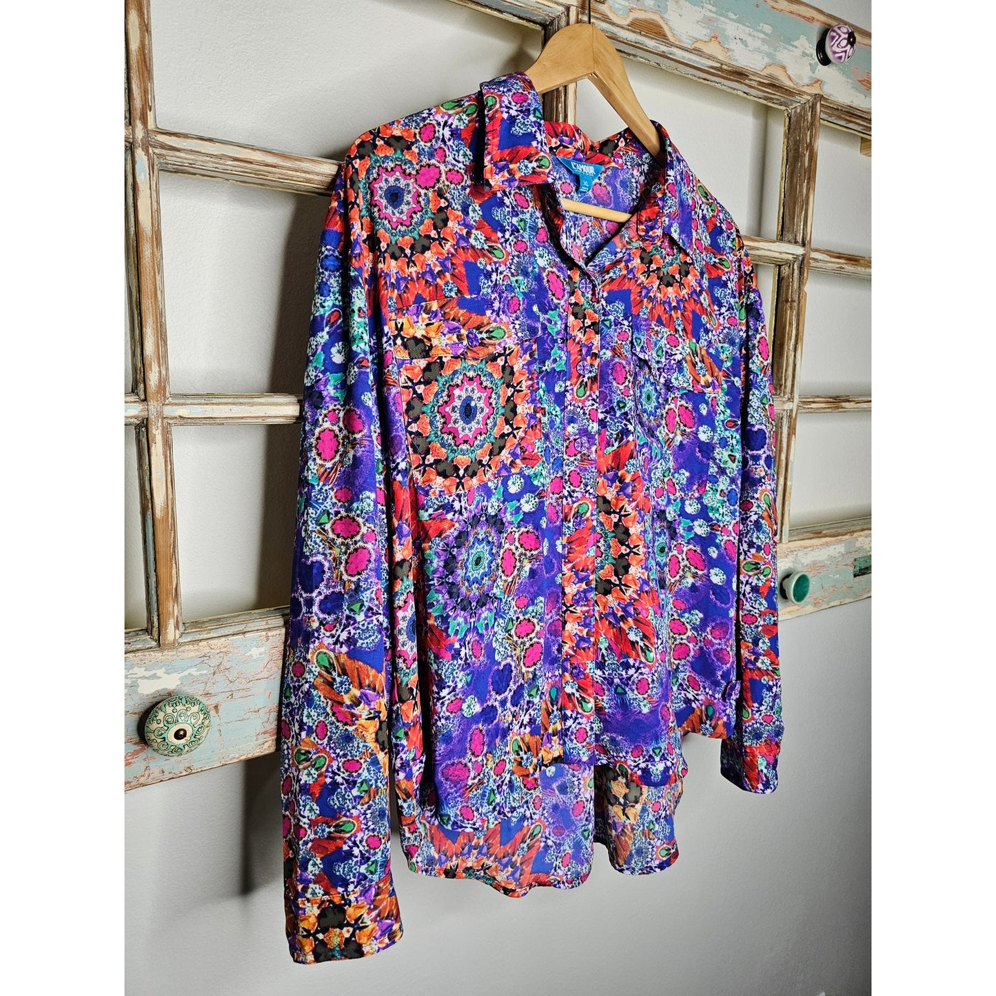 L'Amour Nanette Lepore Vibrant Abstract Button Up Blouse Size XL