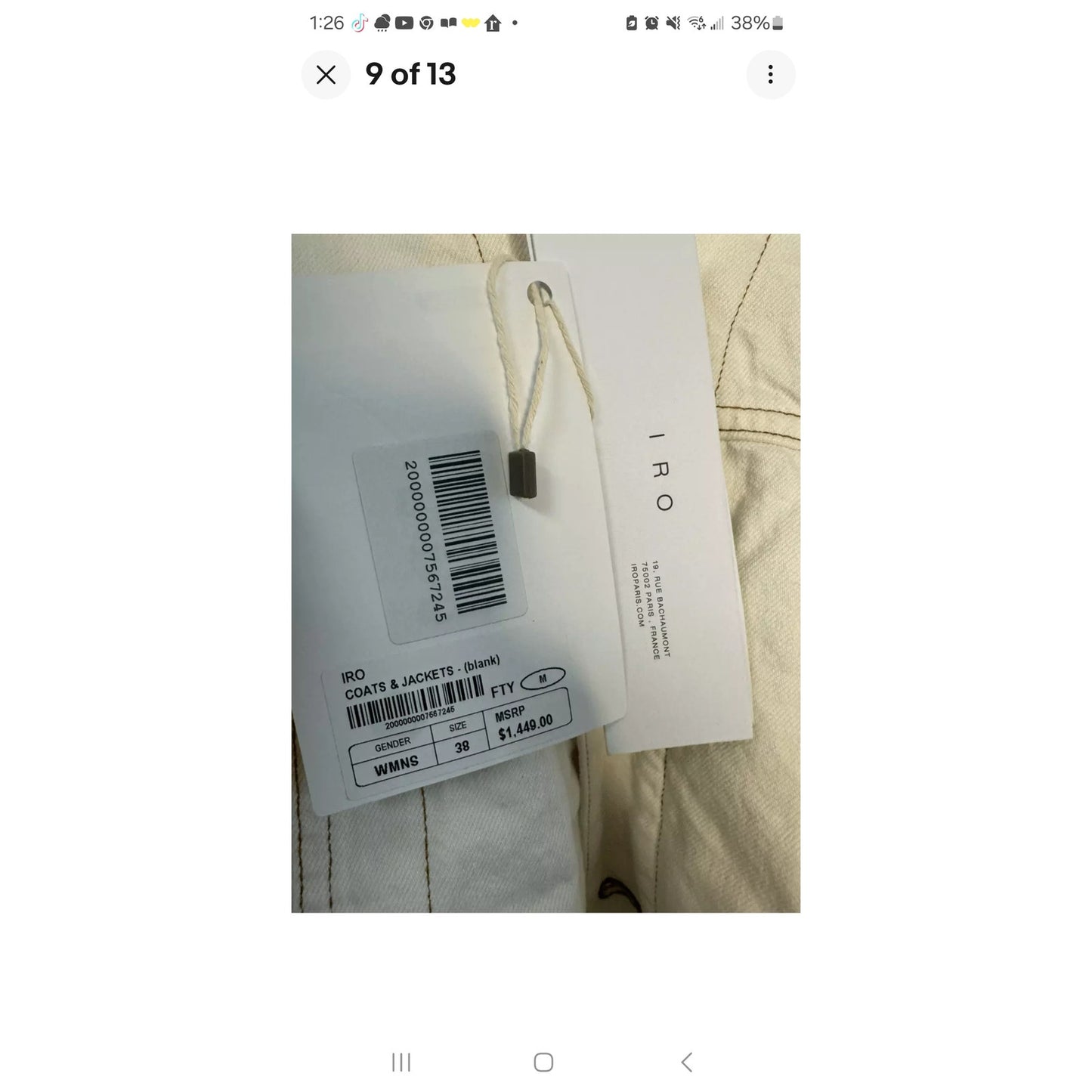 IRO Paris White Denim Franz Shearling lined Denim jacket Size FR 34 / US 2
