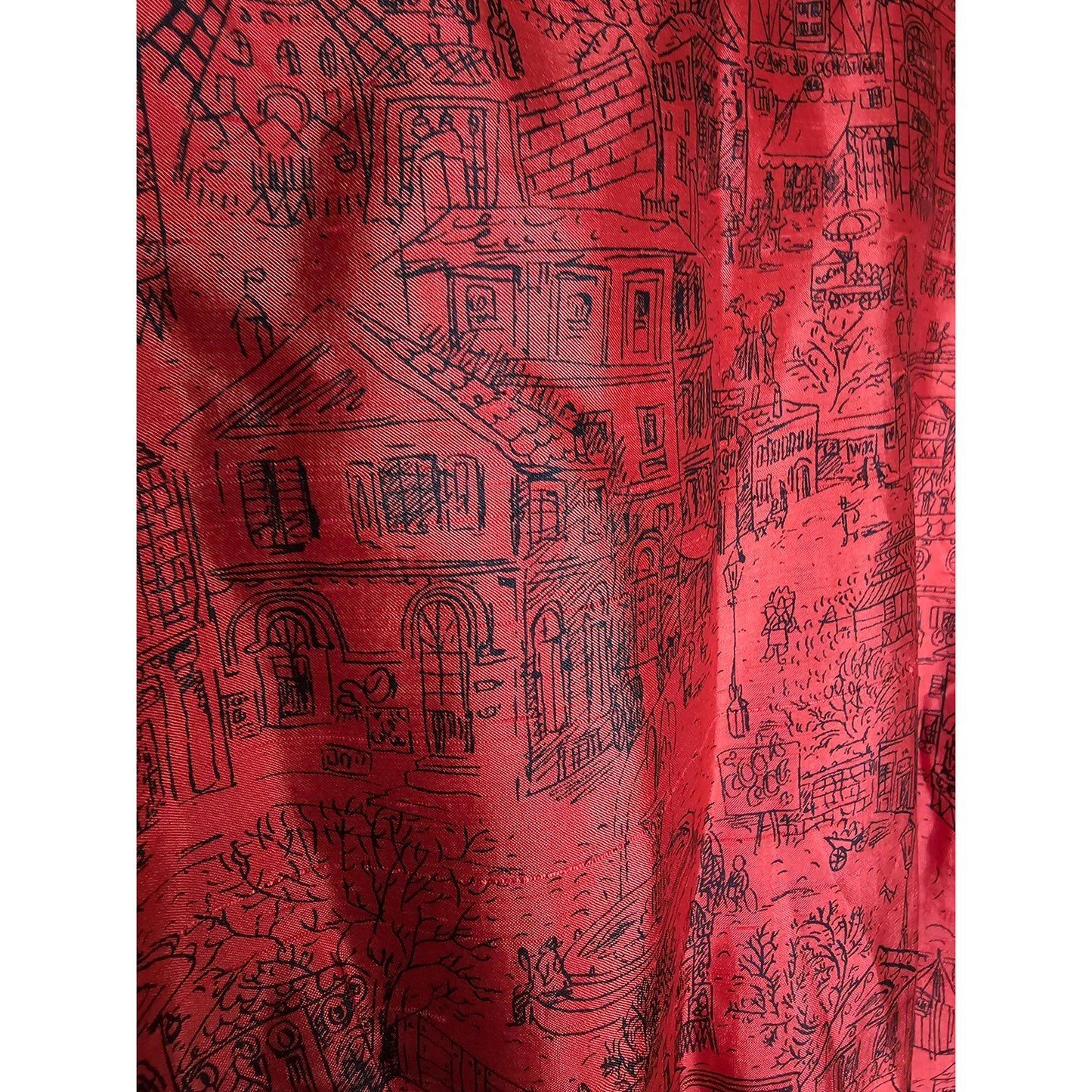 Vintage Lanz Red Silk Dress With sketched Street Scene knee length size small