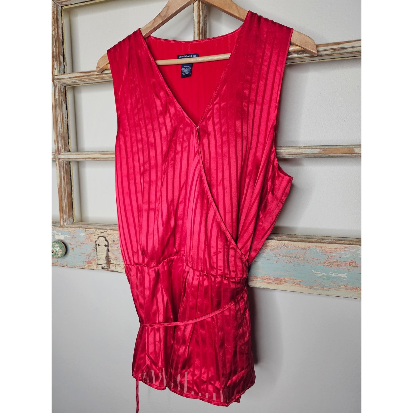 NWT Don Caster 100% Silk Red Sleeveless Wrap Style Blouse Size Large
