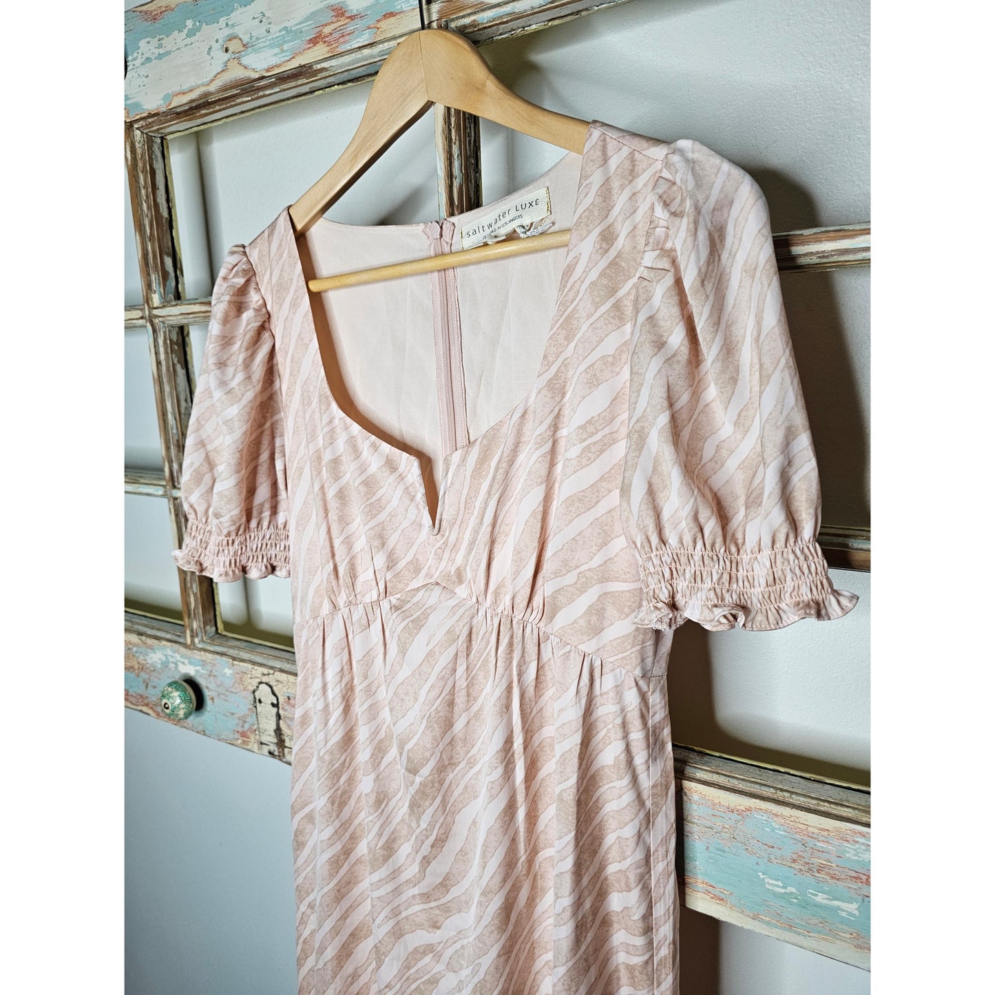 Saltwater Lux Satin Midi Dress Puff Sleeves Ruffled Bottom Size Small