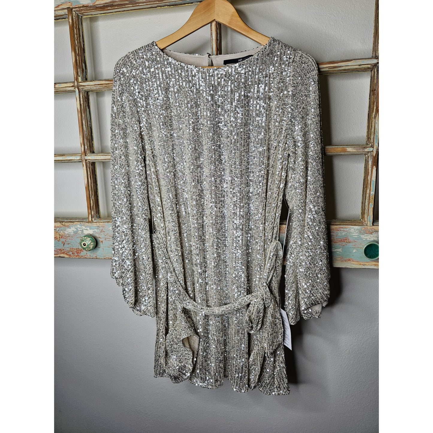 NWT Silver Sequenced Lined Mini Dress w/ Trumpet Sleeves Jay Godfrey Ladies size 6