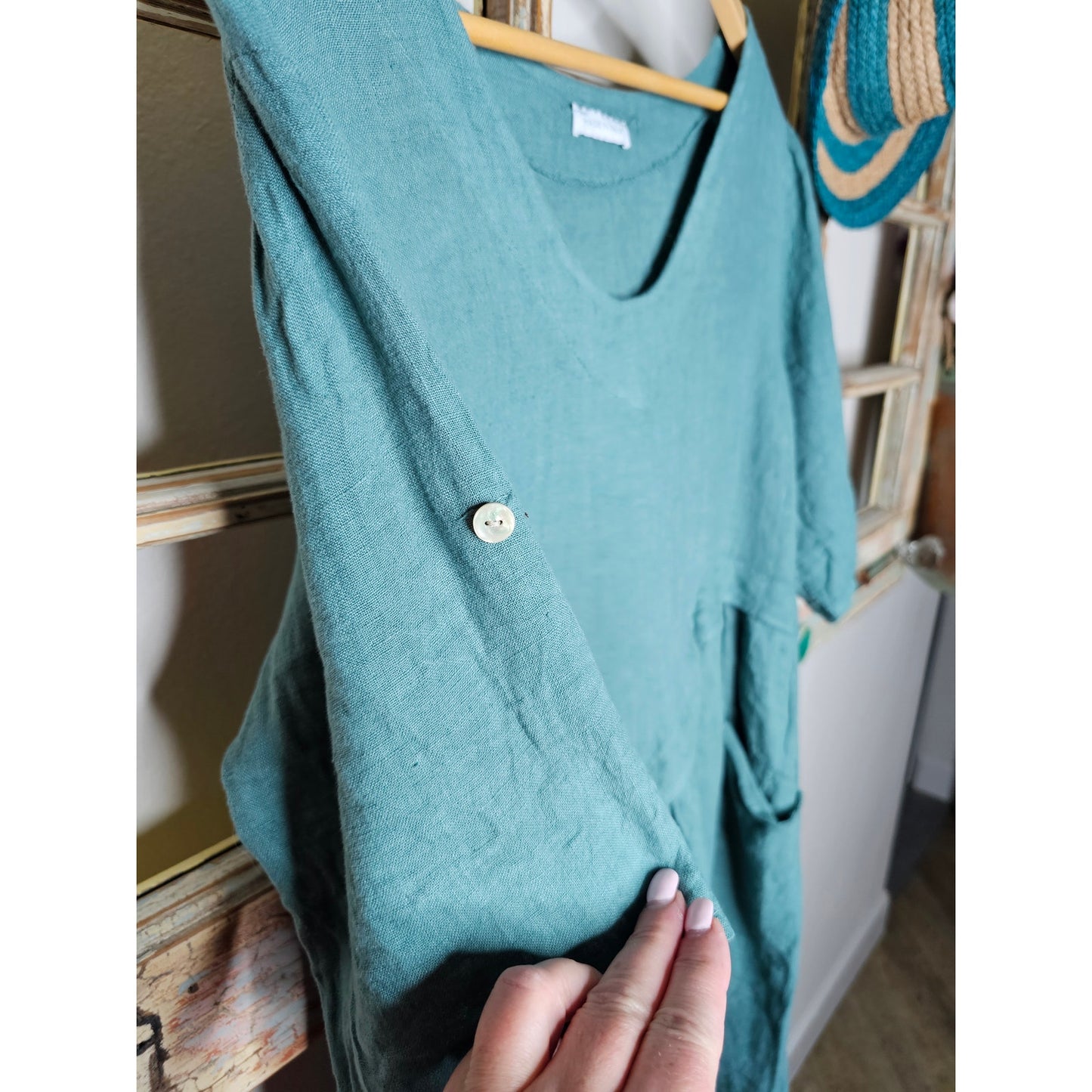 Linen Italian Made Blue/Green Dress Ladies Size Medium