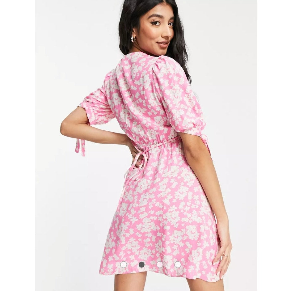 NWT New Look Pink Floral V-Neck Mini Dress with 1/2 Tie Sleeves Size 0