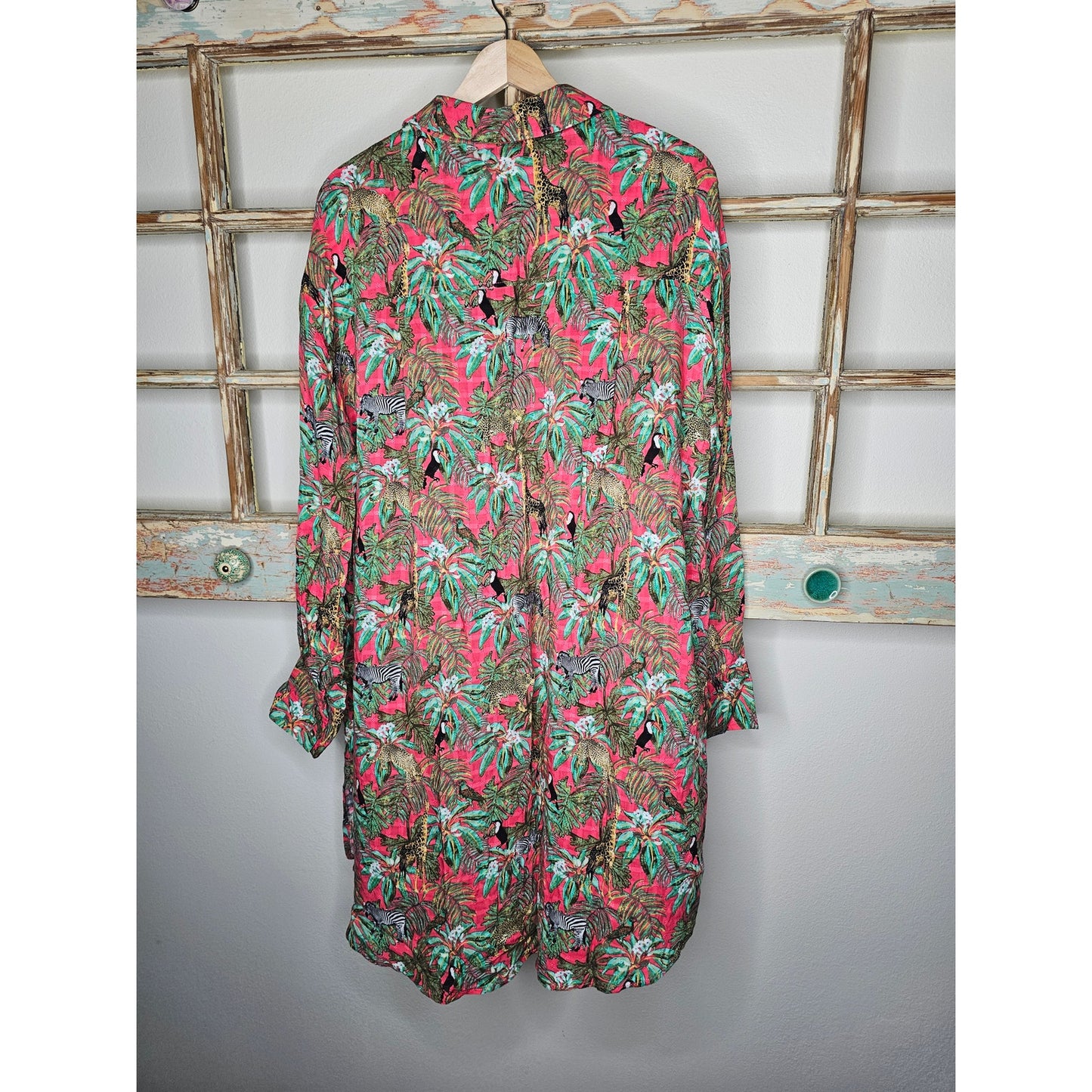 Jane & Delancey Jungle Safari Rain Forest Long Button Up Ladies size Large