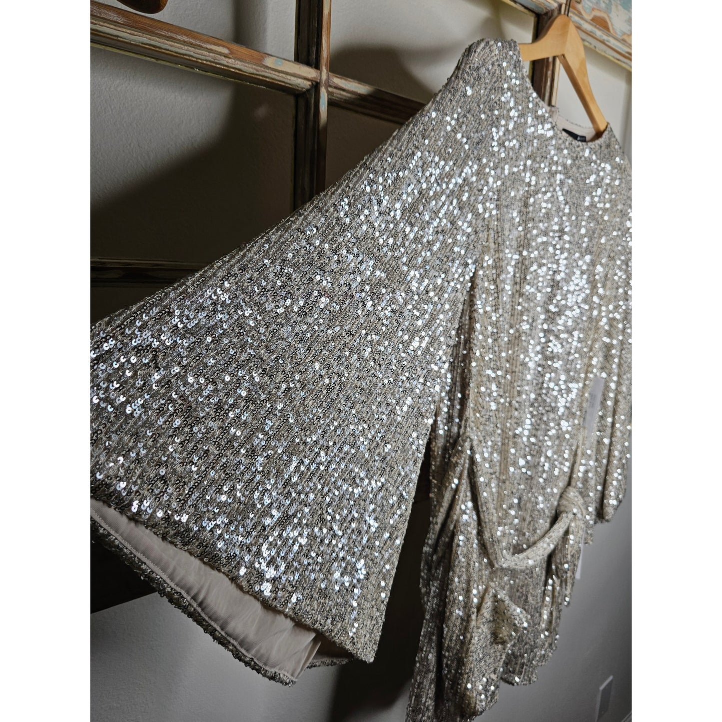 NWT Silver Sequenced Lined Mini Dress w/ Trumpet Sleeves Jay Godfrey Ladies size 6