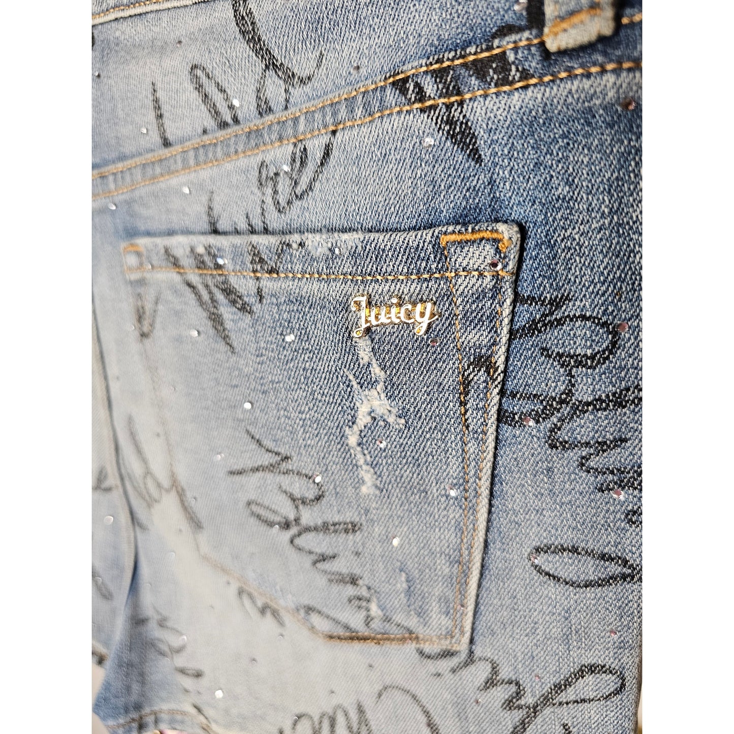 NWT Juicy couture Mid Rise Crystals & Graffiti Denim Shorts Ladies size 27