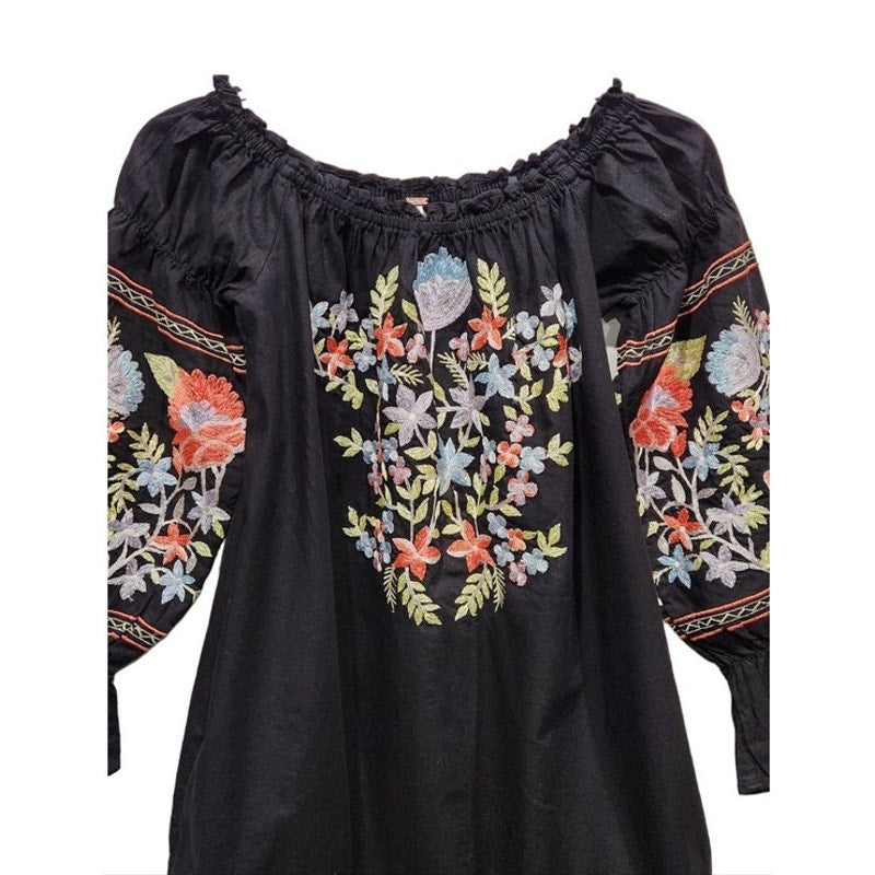 Free People Boho Off The Shoulder Black Embroidered Dress ladies size small