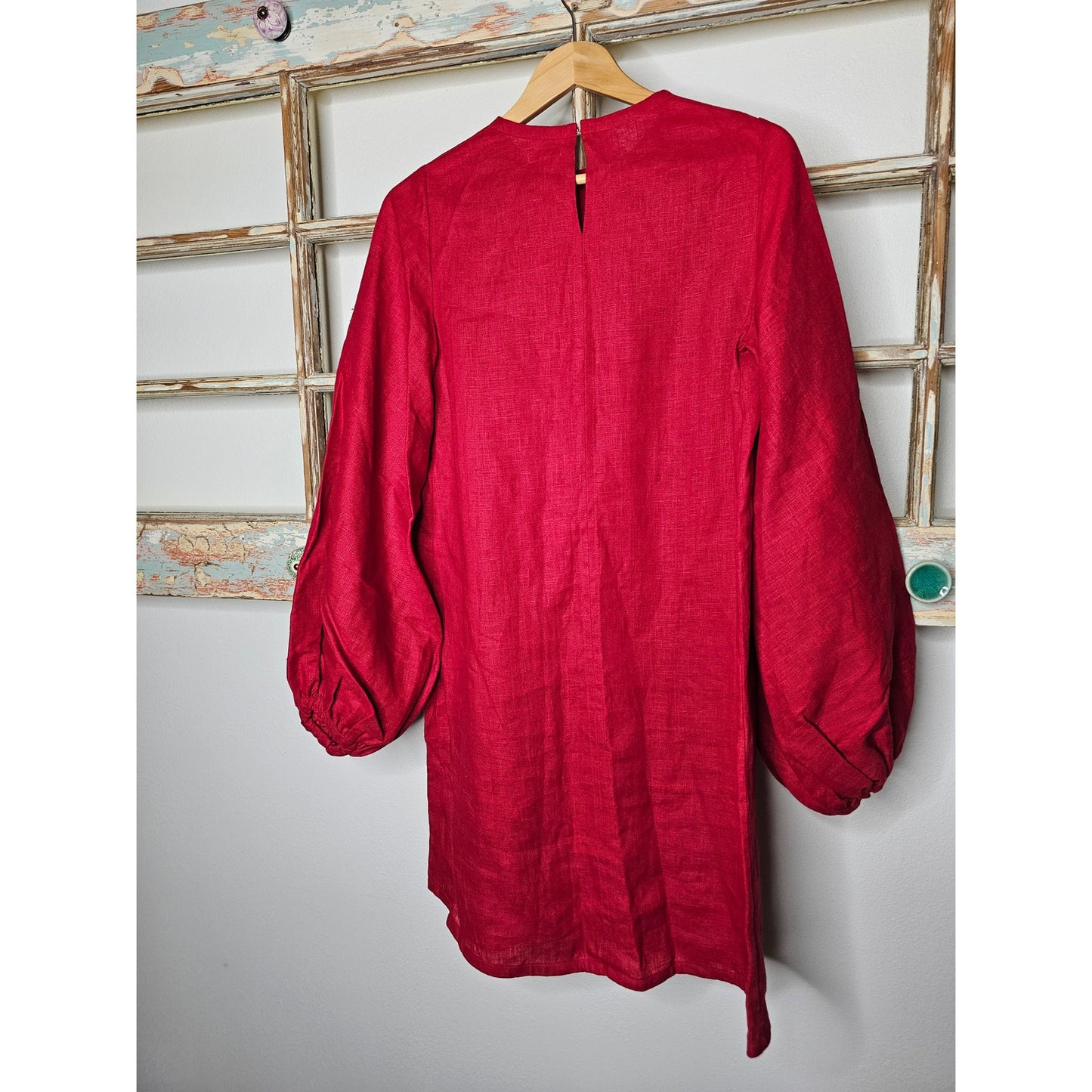 Red Linen knee length dress / Puff sleeves Ladies size ladies Medium