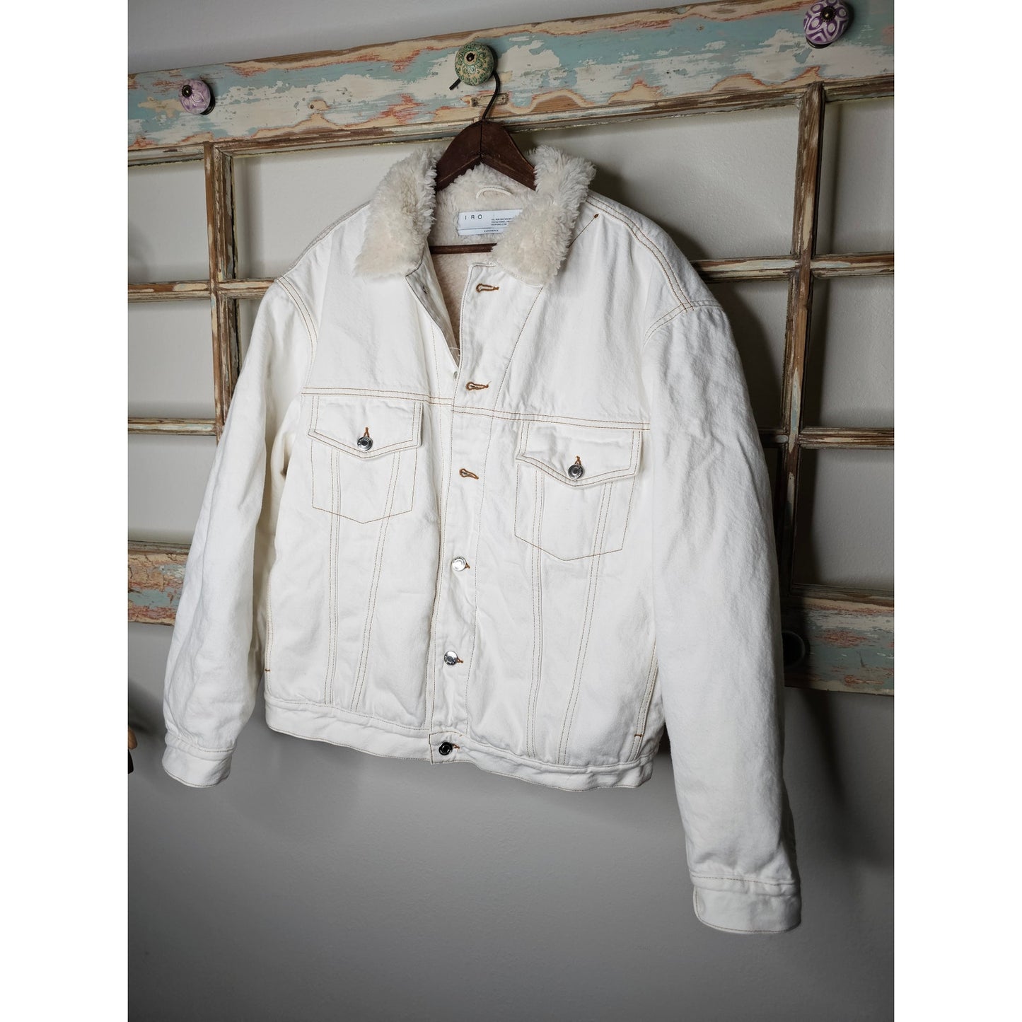 IRO Paris White Denim Franz Shearling lined Denim jacket Size FR 34 / US 2