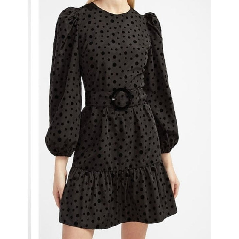 NWT Express black Velvety Polka Dot Puff Sleeve Tiered Dress size Medium