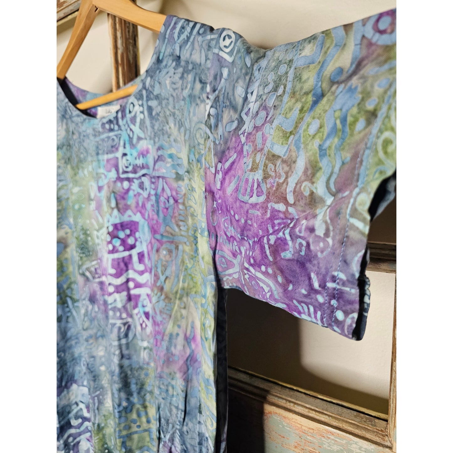 Vintage Batik Midi Dress Purples & Blues Patches Ladies size Medium