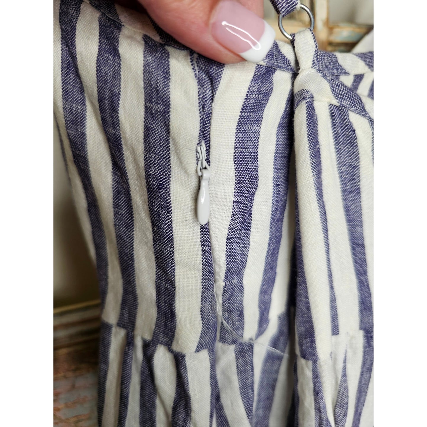 Linen Antibes Blanc Ladies Lined Striped Tiered Midi Dress Ladies Size 6