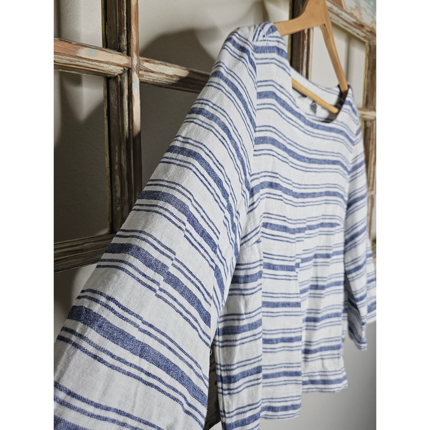 Linen Striped Sigrid Olsen 3/4 Sleeves Boatneck Top Size Medium