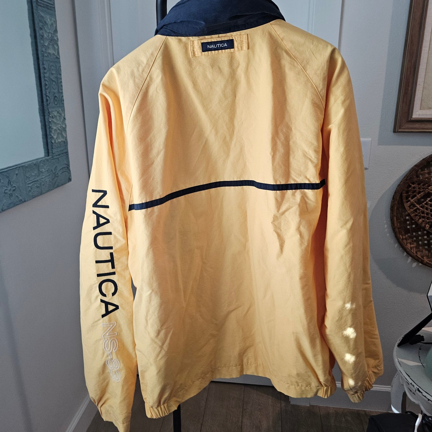 Vintage Nautica Gold/Blue Zip Up Wind Breaker Hidden Hood Mens Size XL